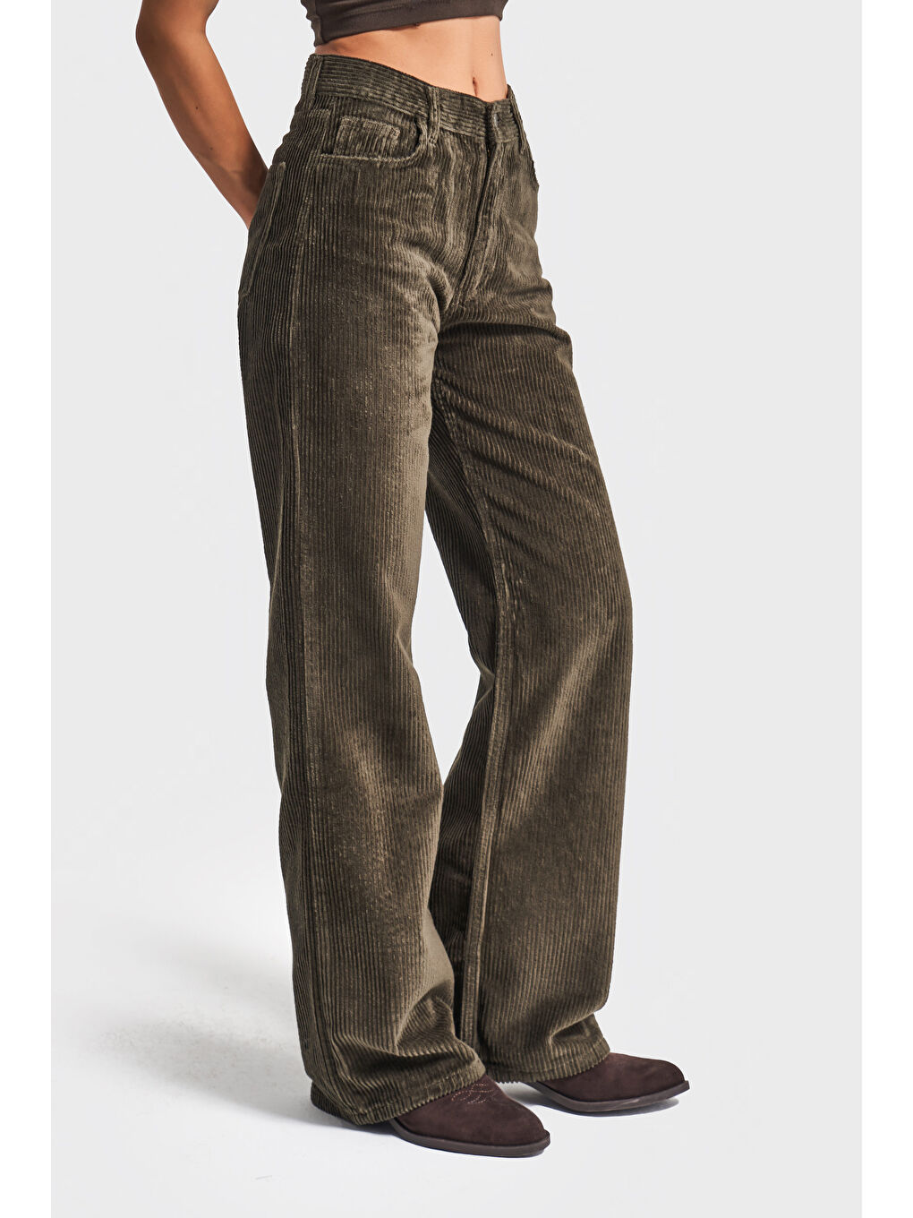 Kadın Haki Renk Doris 26w5-15 Straight Fit Yüksek Bel Kalın Fitilli Velvet Kadife Kumaş Pantolon