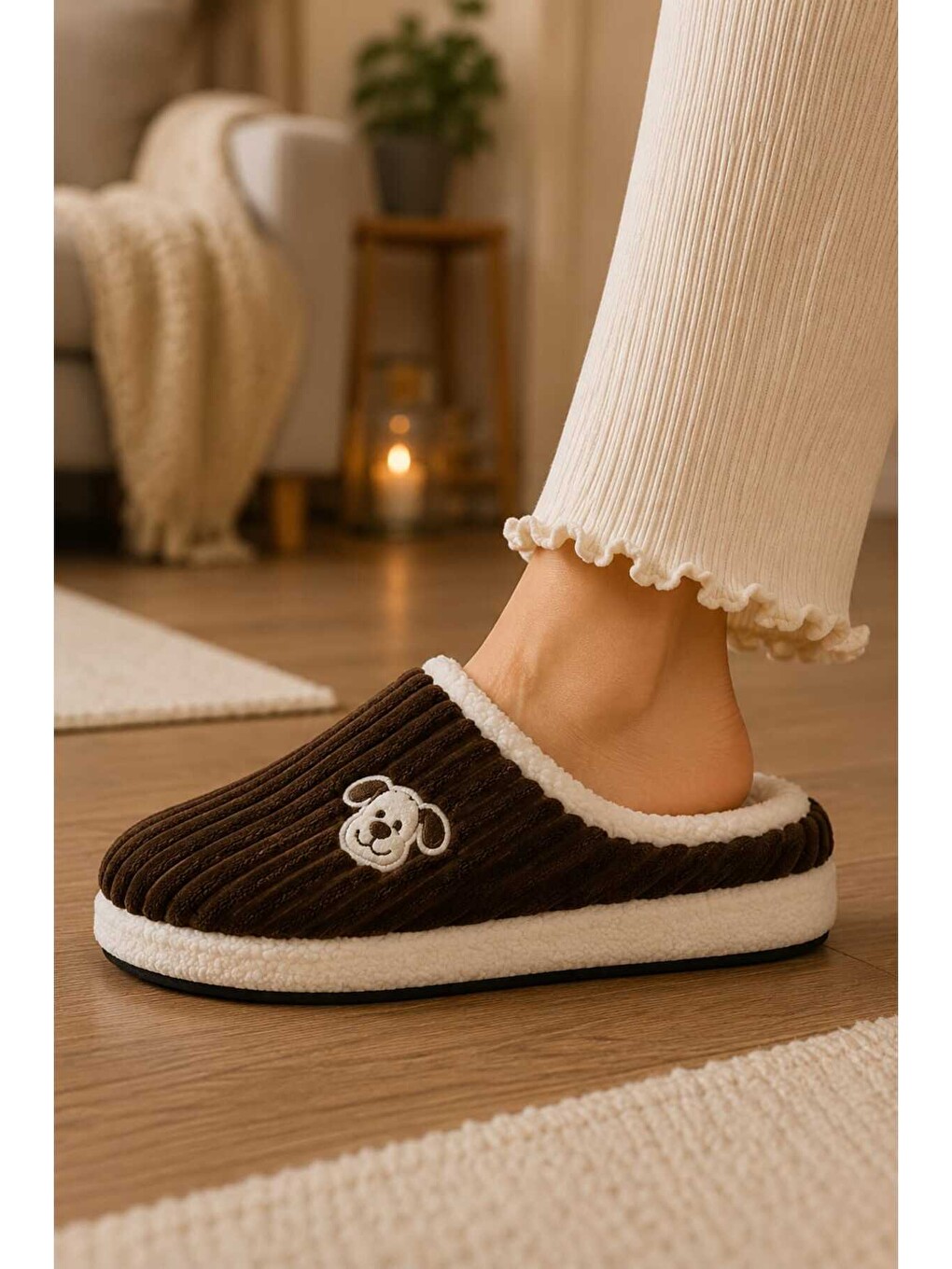 Kahverengi Unisex, Fitil Kadife, Sevimli Köpek Figürlü, Kürklü, Yumuşak, Pelüş Ev Terliği-1