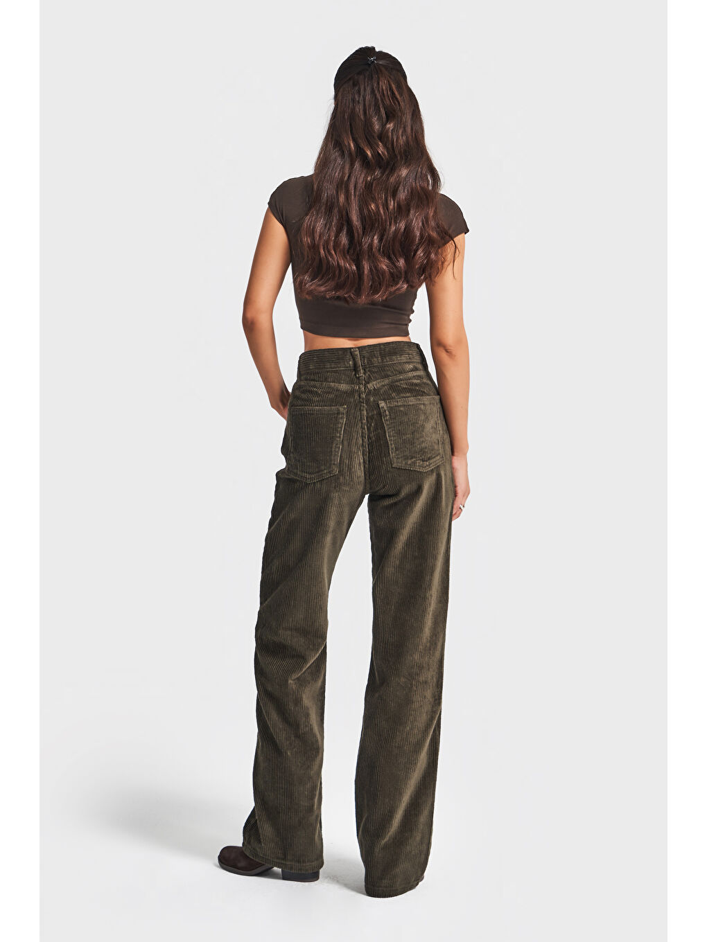 Kadın Haki Renk Doris 26w5-15 Straight Fit Yüksek Bel Kalın Fitilli Velvet Kadife Kumaş Pantolon-3