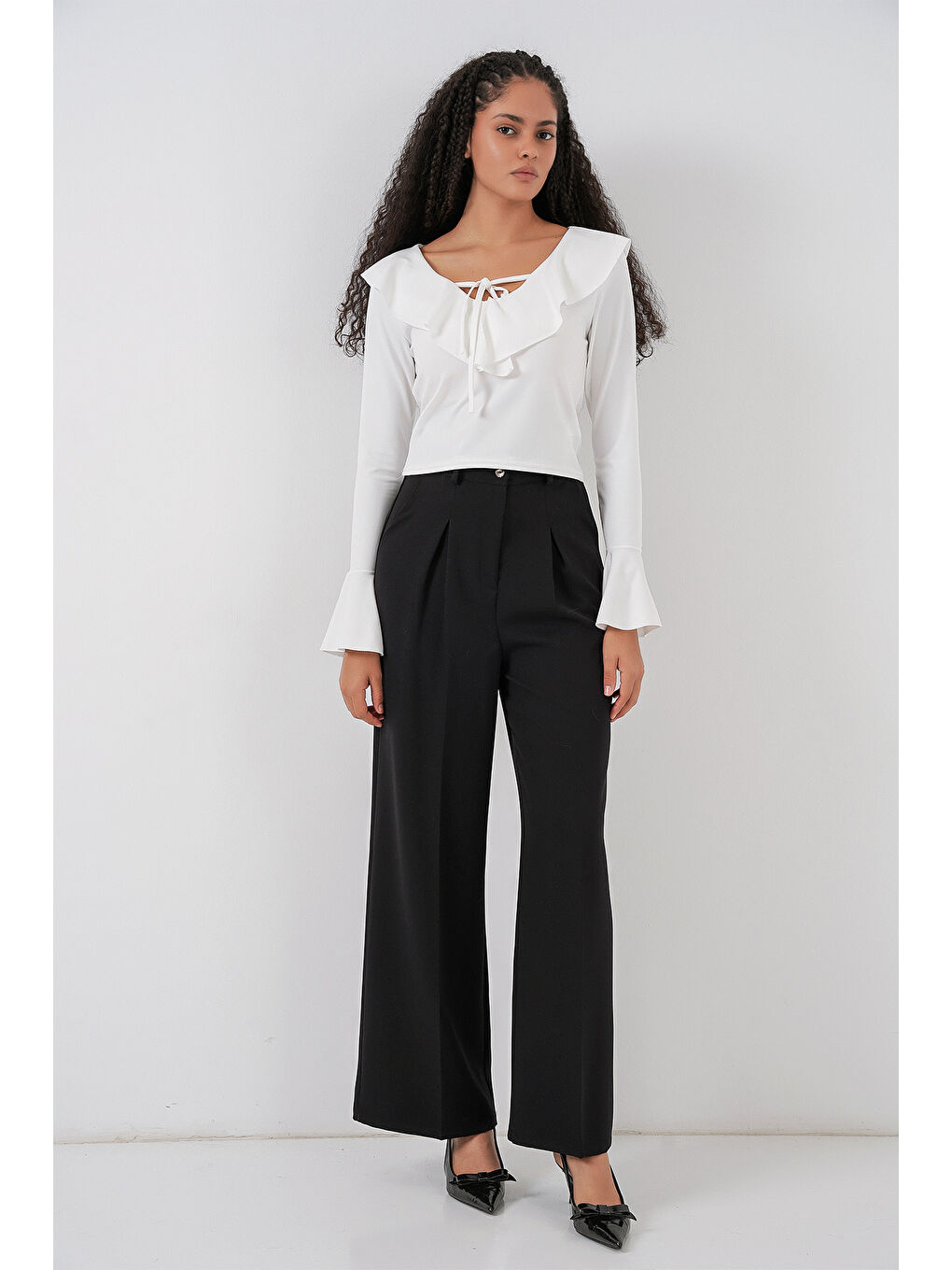 Kadın Uzun Kol Crop Bluz 979 - Beyaz-1