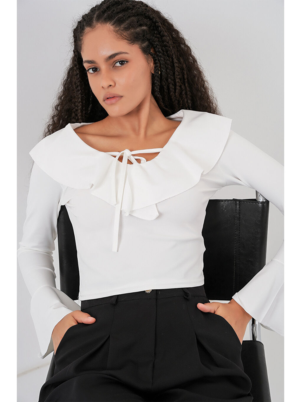 Kadın Uzun Kol Crop Bluz 979 - Beyaz-2