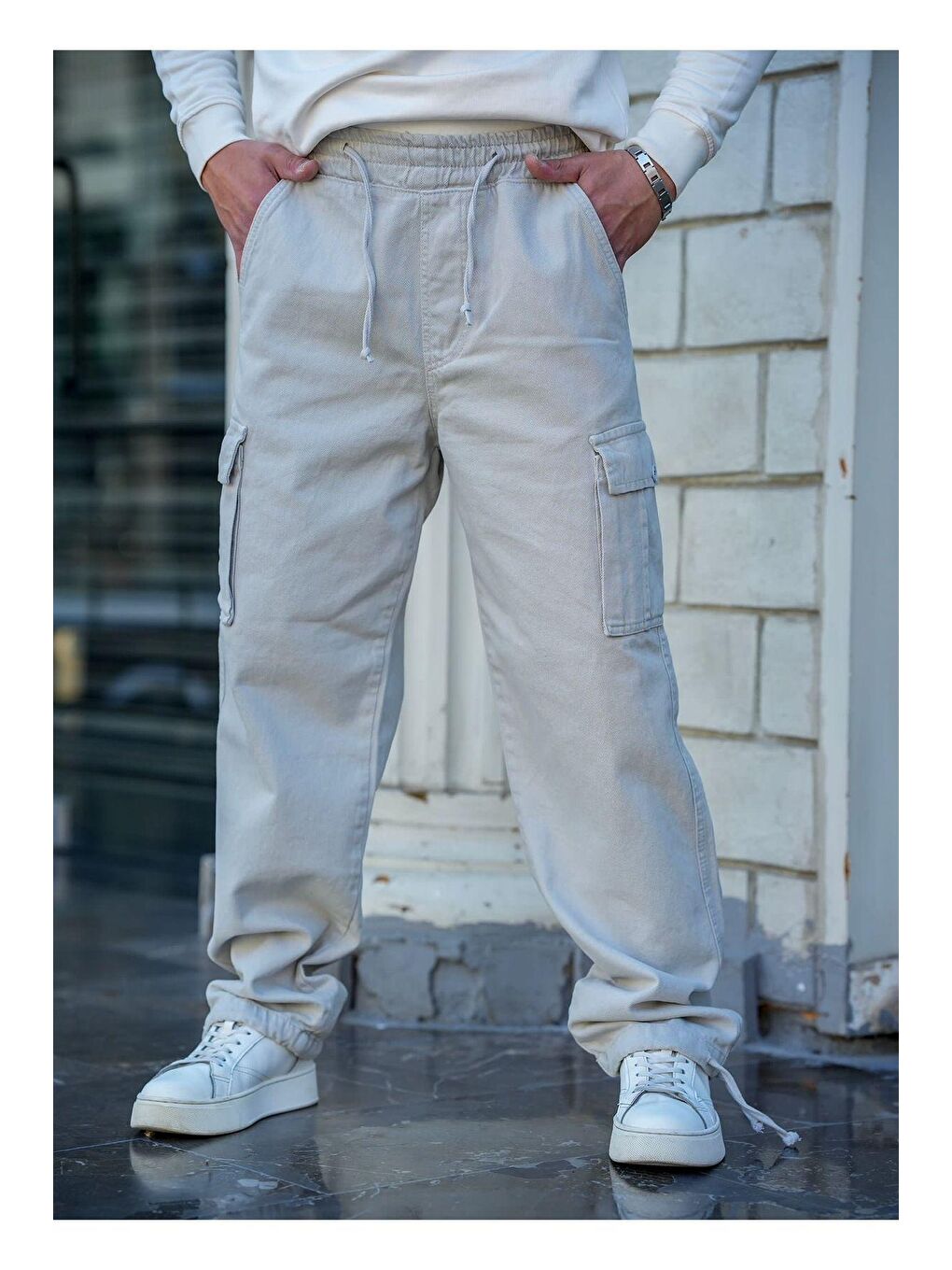 Erkek Gri Bagcıklı Kargo Cepli Baggy Denim Jean Pantolon