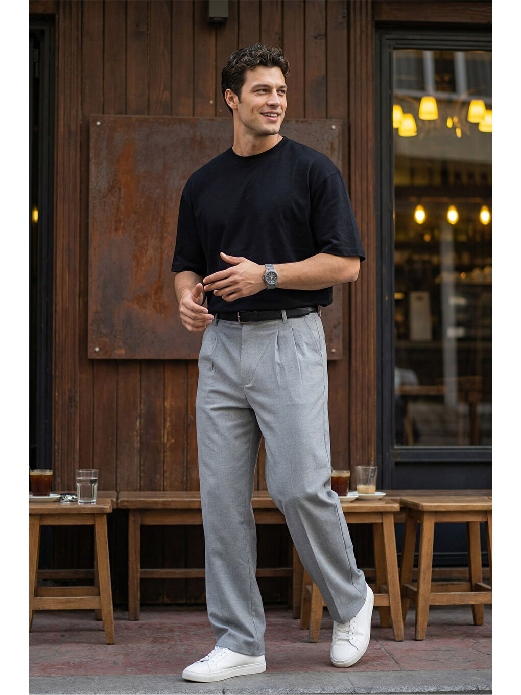 Gri Erkek Kumaş Baggy Kalıp Pileli Pantolon-1