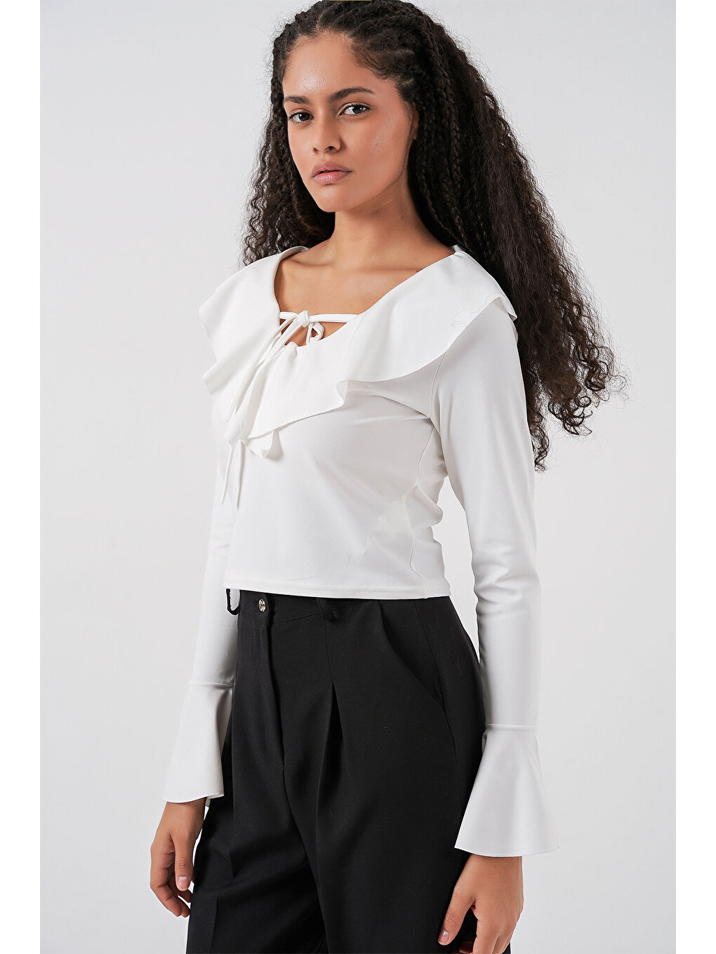 Kadın Uzun Kol Crop Bluz 979 - Beyaz-3