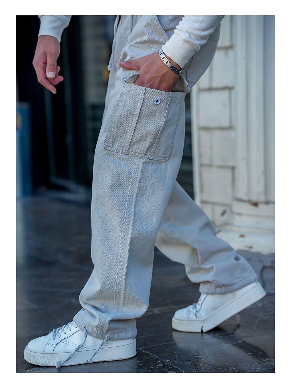 Erkek Gri Bagcıklı Kargo Cepli Baggy Denim Jean Pantolon-1