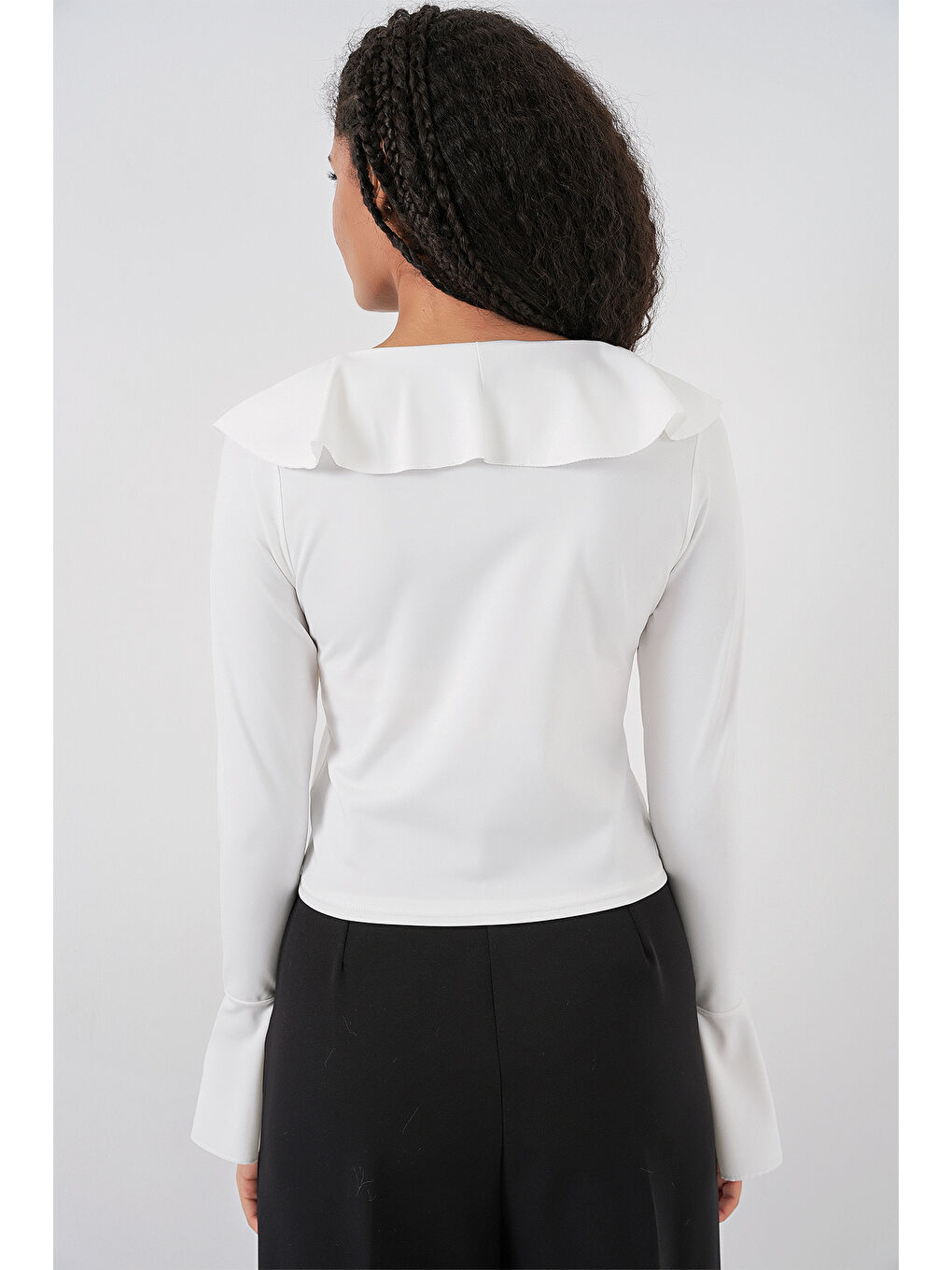 Kadın Uzun Kol Crop Bluz 979 - Beyaz-5