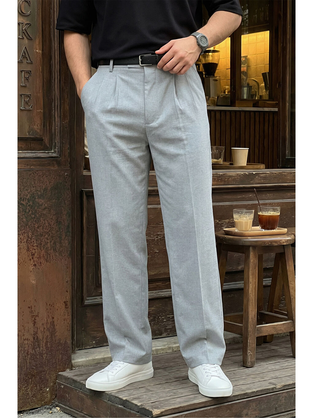 Gri Erkek Kumaş Baggy Kalıp Pileli Pantolon-3