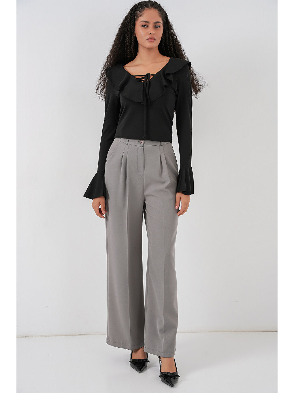 Kadın Uzun Kol Crop Bluz 979 - Siyah-1