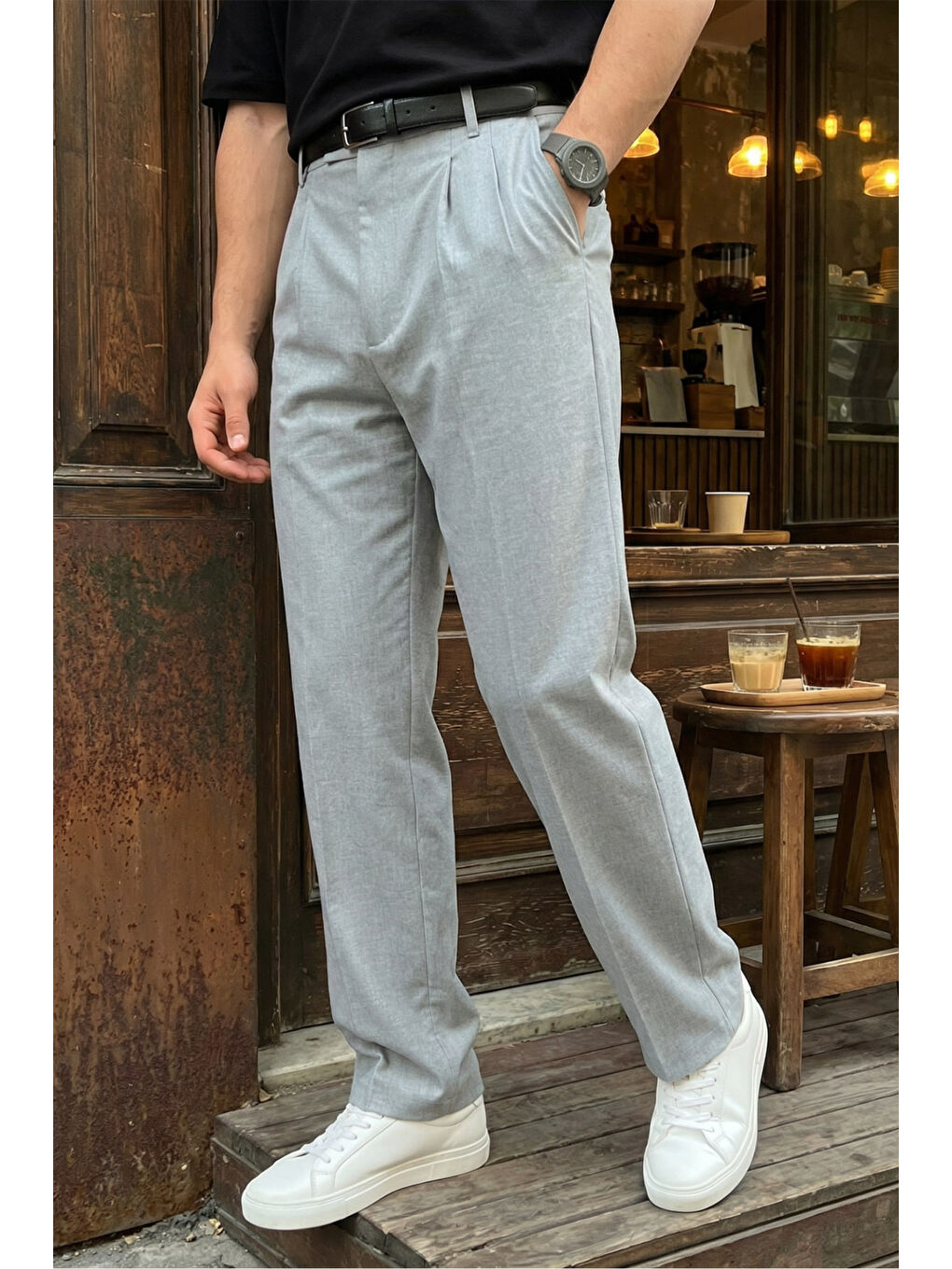 Gri Erkek Kumaş Baggy Kalıp Pileli Pantolon-4