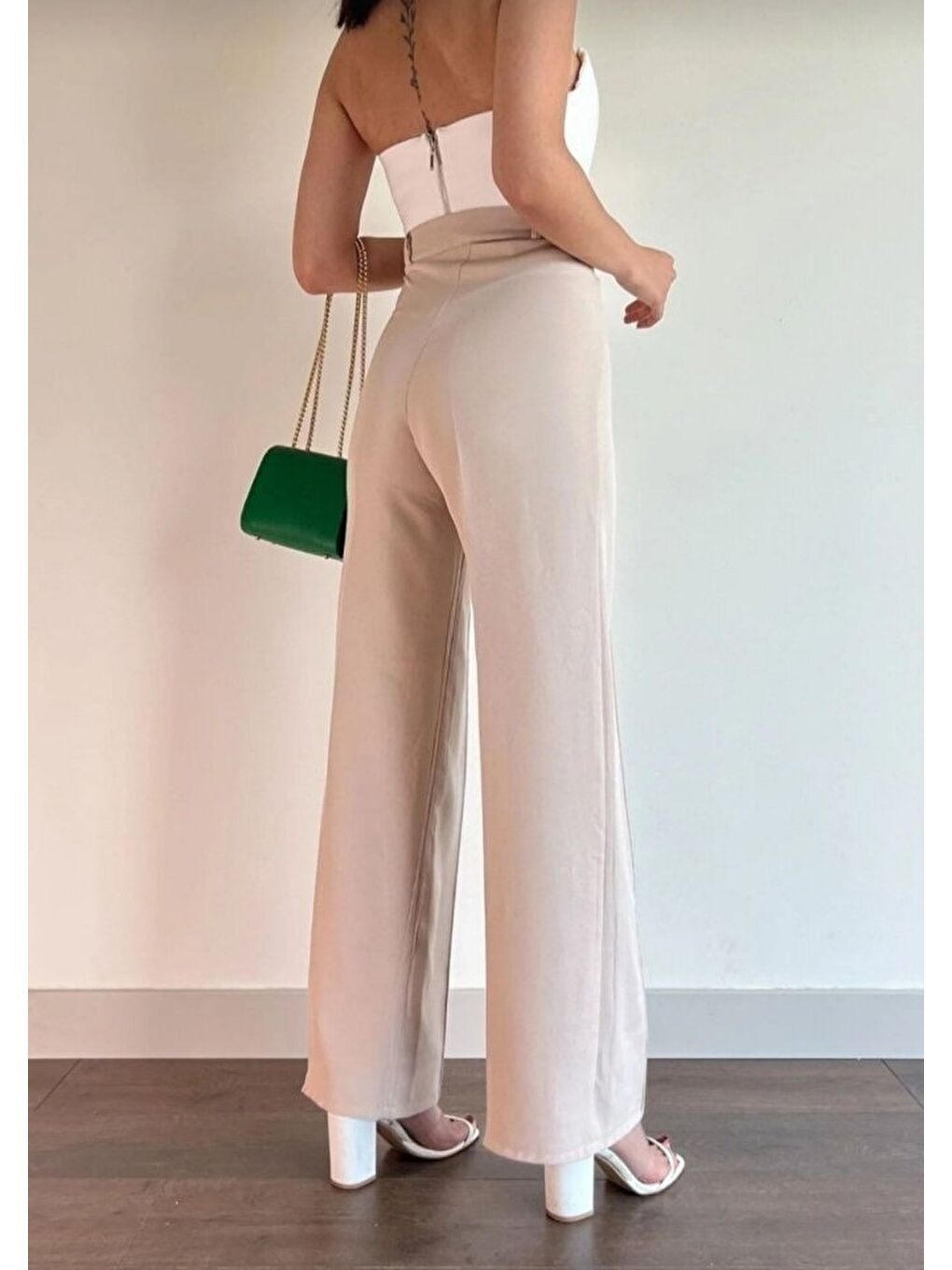 Bej Kadın Yüksek Bel Pileli Palazzo Pantolon-1