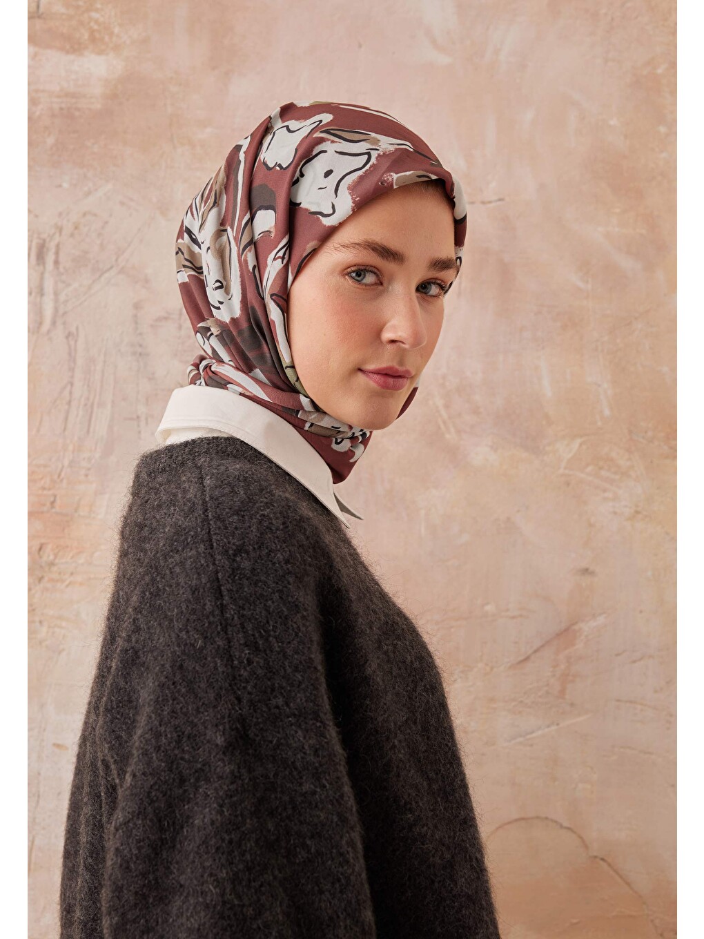 Aspen Desen Pamuk İpek Eşarp Bordo-1
