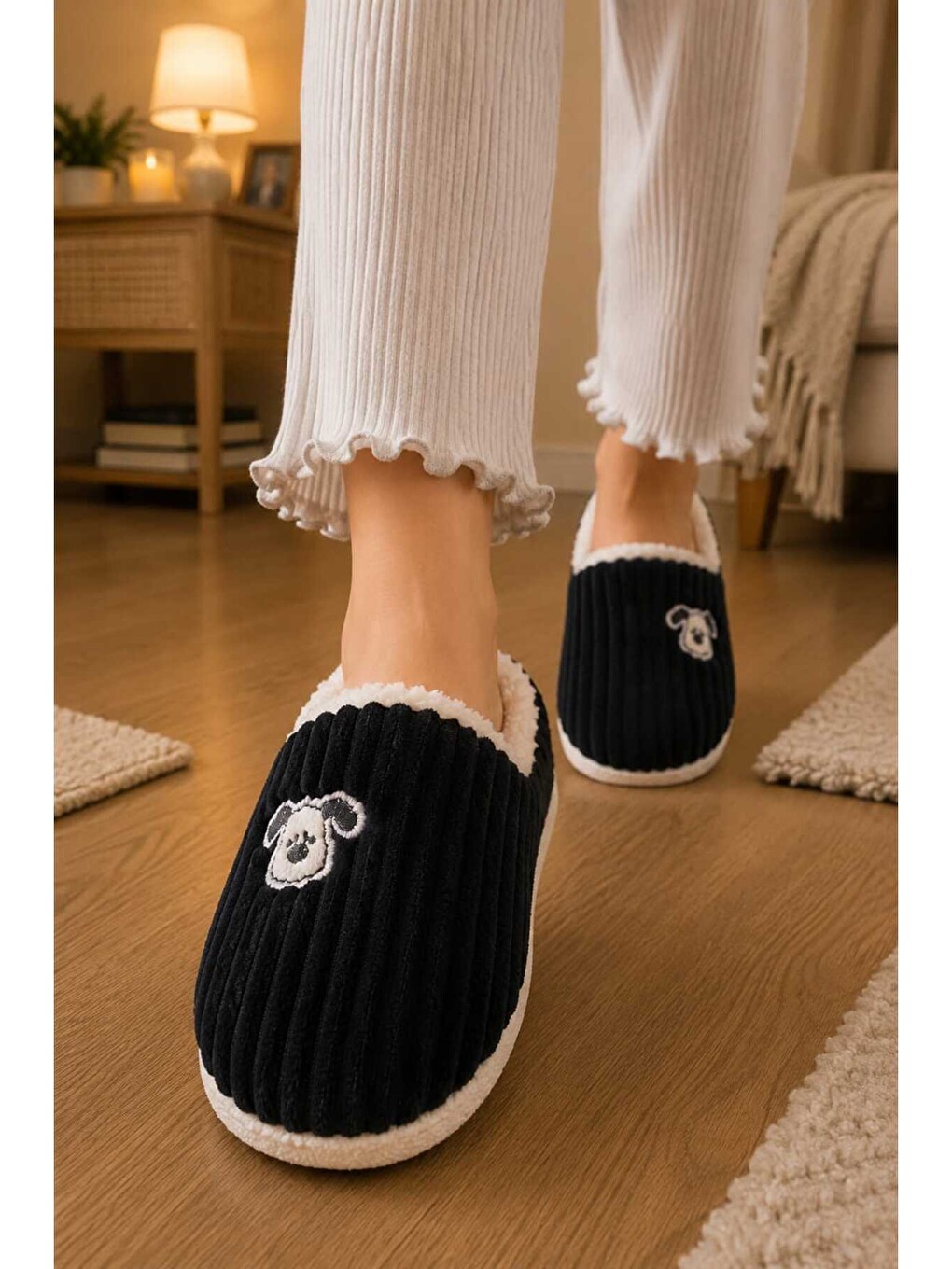 Siyah Unisex, Fitil Kadife, Sevimli Köpek Figürlü, Kürklü, Yumuşak, Pelüş Ev Terliği-1