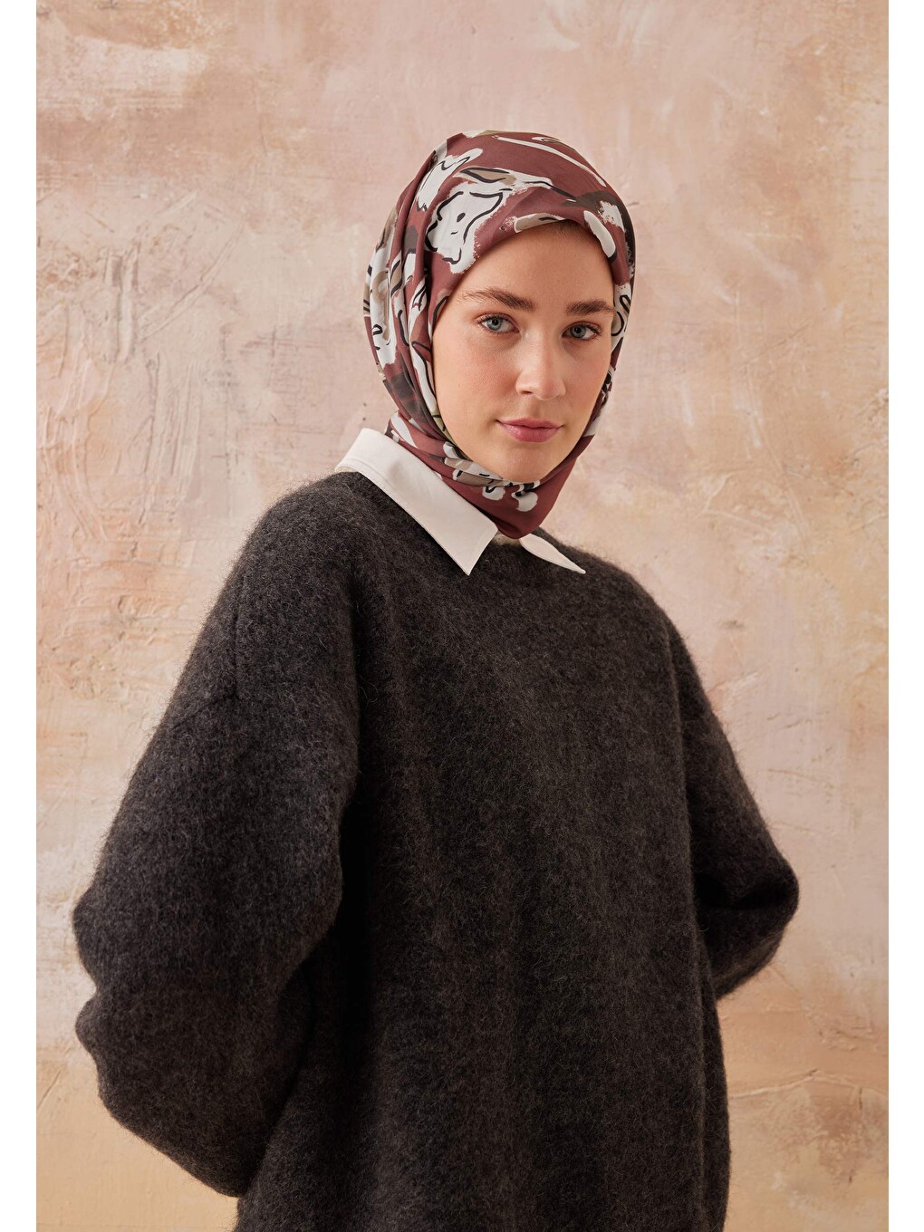 Aspen Desen Pamuk İpek Eşarp Bordo-2