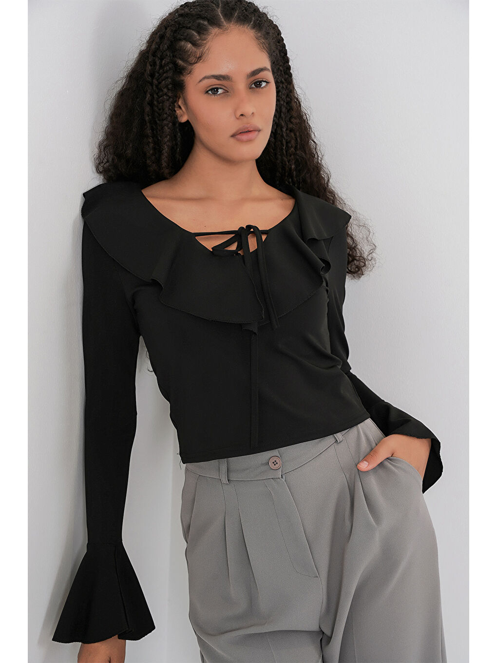 Kadın Uzun Kol Crop Bluz 979 - Siyah-2