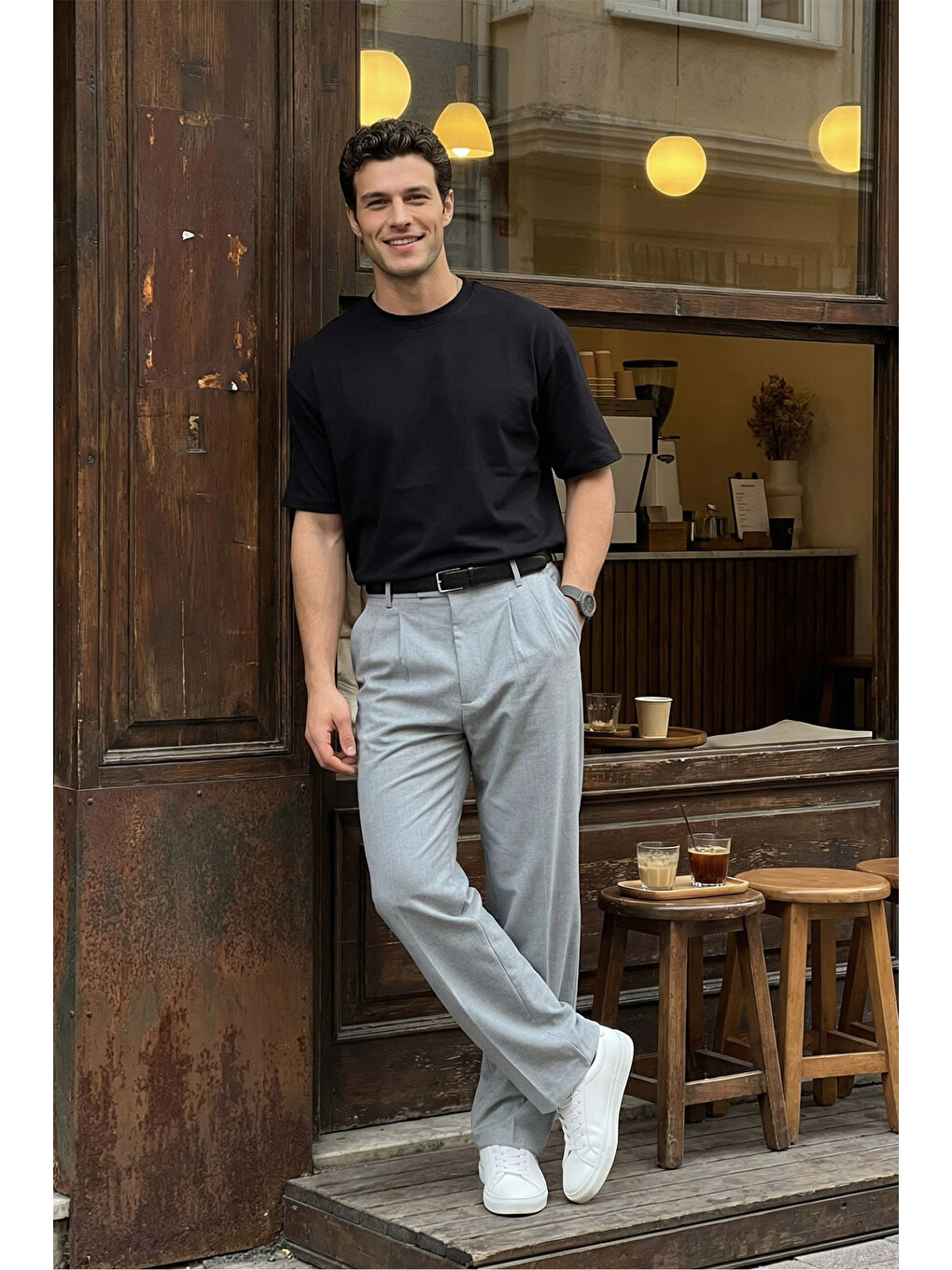 Gri Erkek Kumaş Baggy Kalıp Pileli Pantolon-5