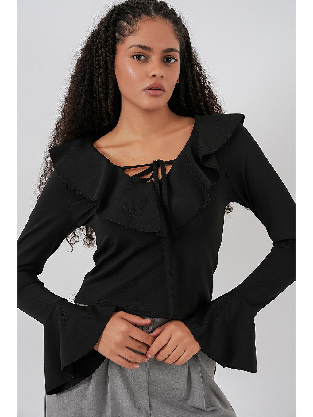 Kadın Uzun Kol Crop Bluz 979 - Siyah-3