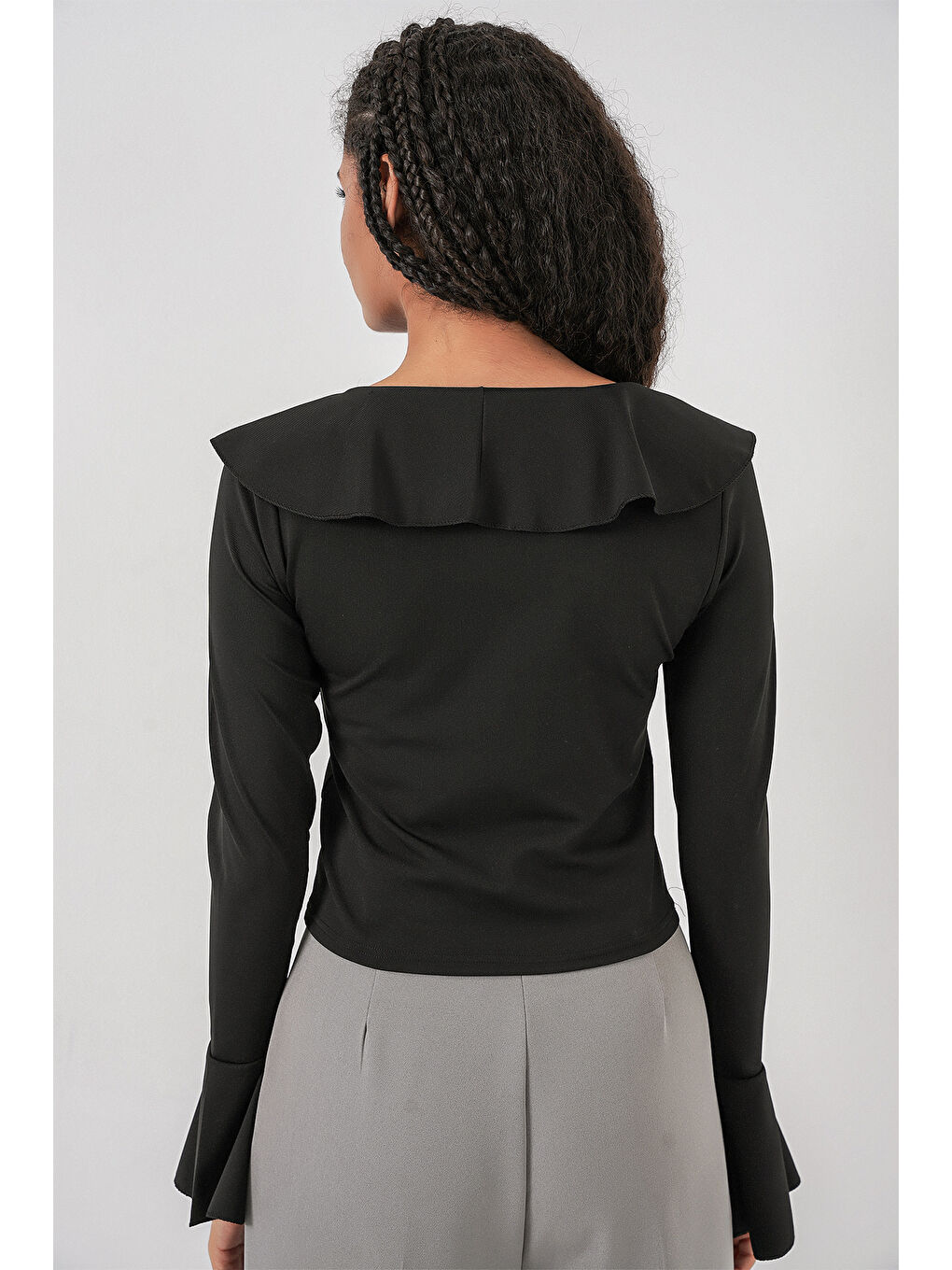 Kadın Uzun Kol Crop Bluz 979 - Siyah-5