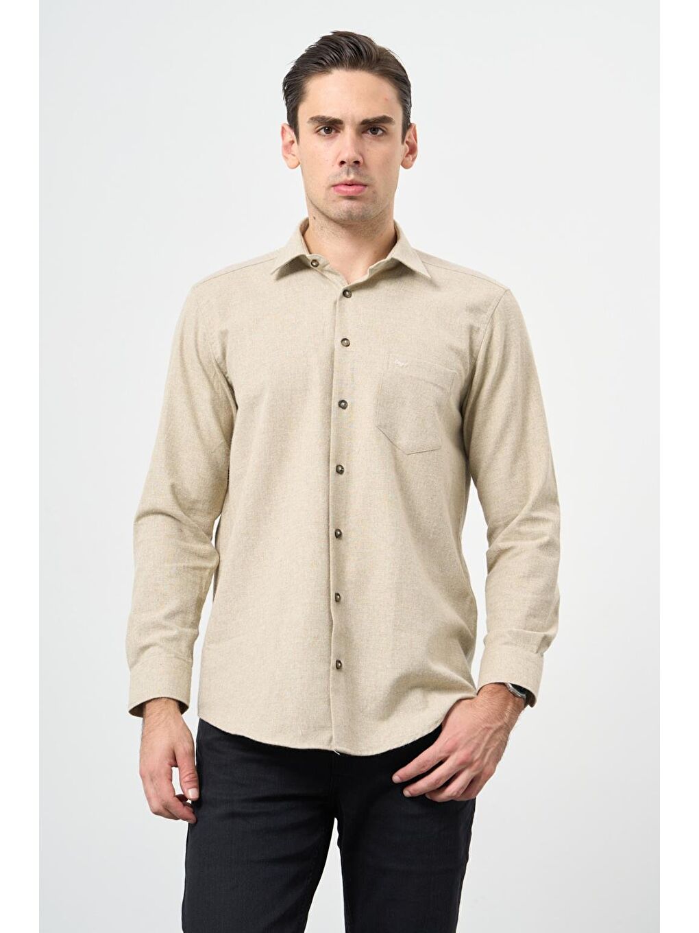 İMZA Açık Bej Uzun Kol Düz Gabardin Sert Yaka Cepli Pamuklu Classic Comfort Fit Gömlek 1004245168