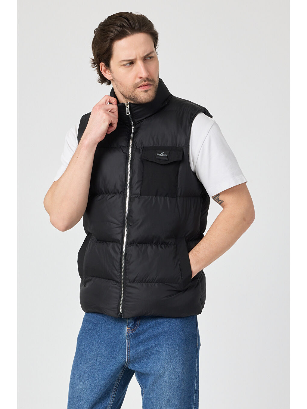 Erkek Siyah Su Geçirmez Göğüs Cepli Şişme Yelek-4