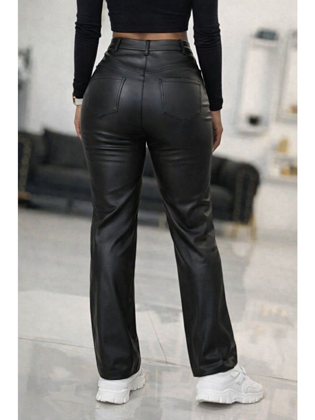Siyah Kadın Yüksek Bel önden Düğmeli Deri Pantolon-2