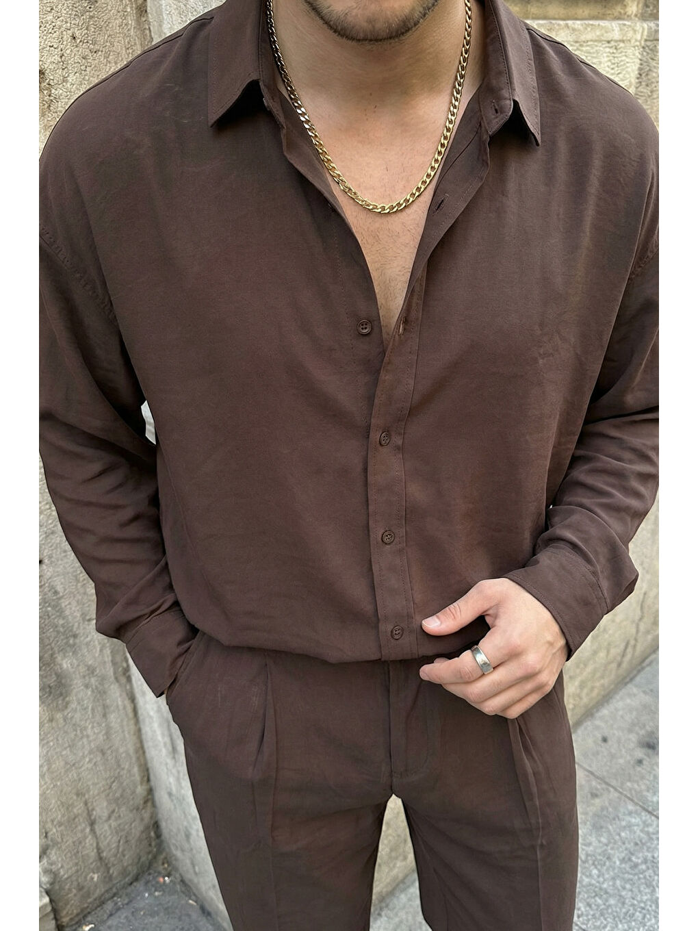 Kahverengi Noda %100 Pamuk Oversize Erkek Modal İkili Takım Gömlek Pantolon