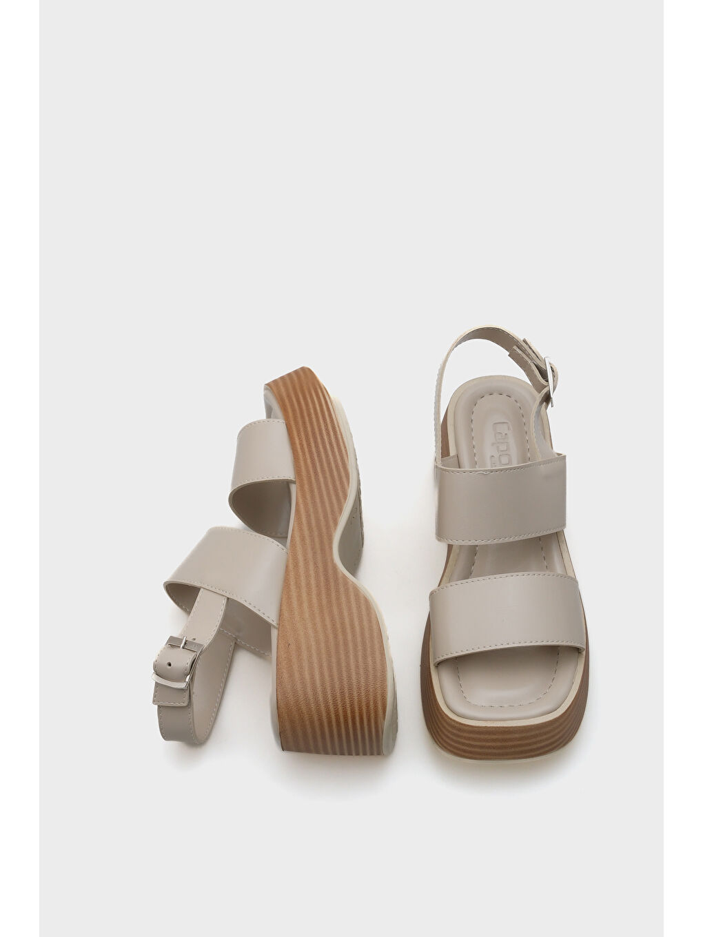 Bej Dora Dolgu Topuklu Çift Bantlı Kadın Sandalet-5