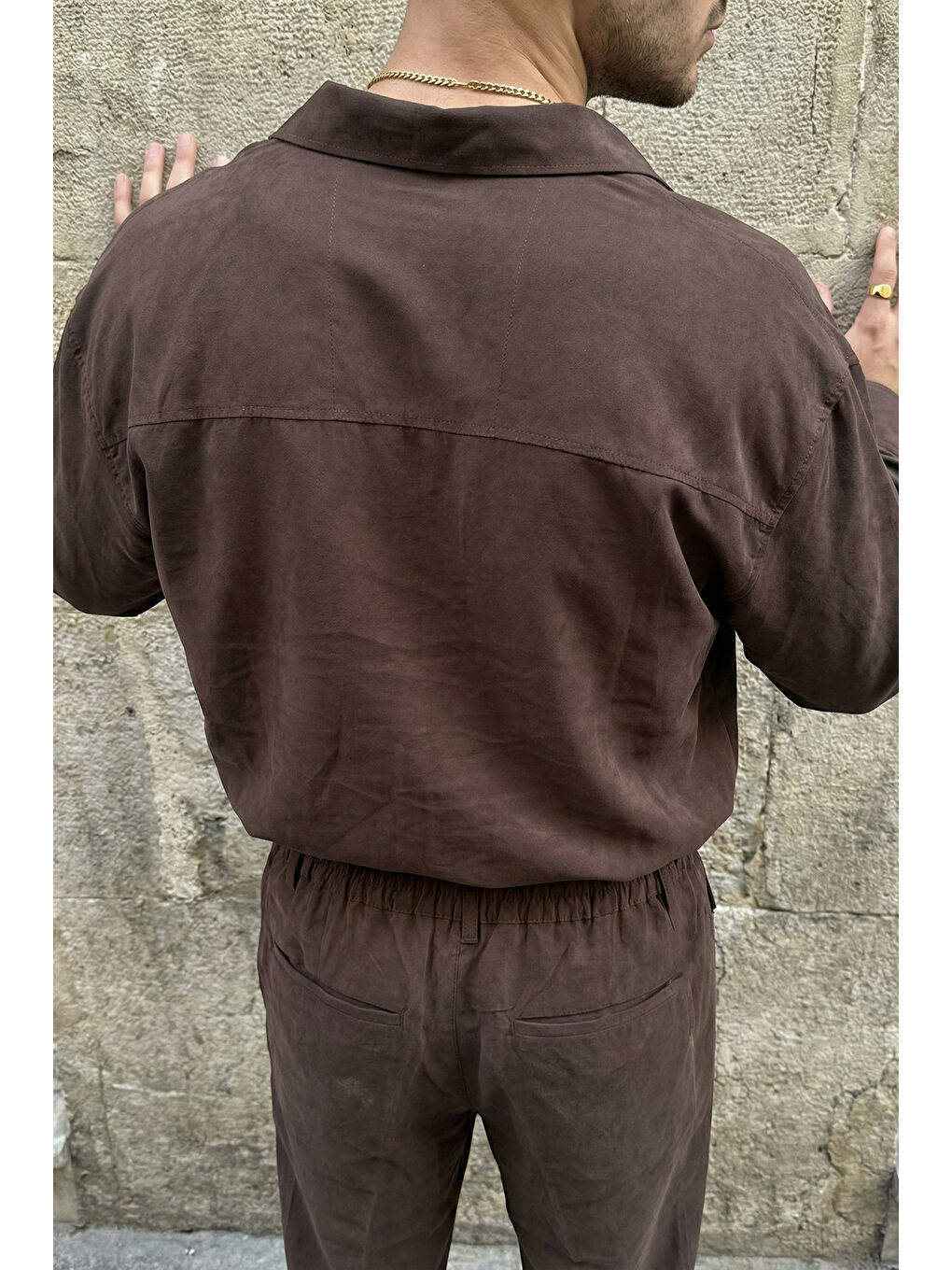 Kahverengi Noda %100 Pamuk Oversize Erkek Modal İkili Takım Gömlek Pantolon-1