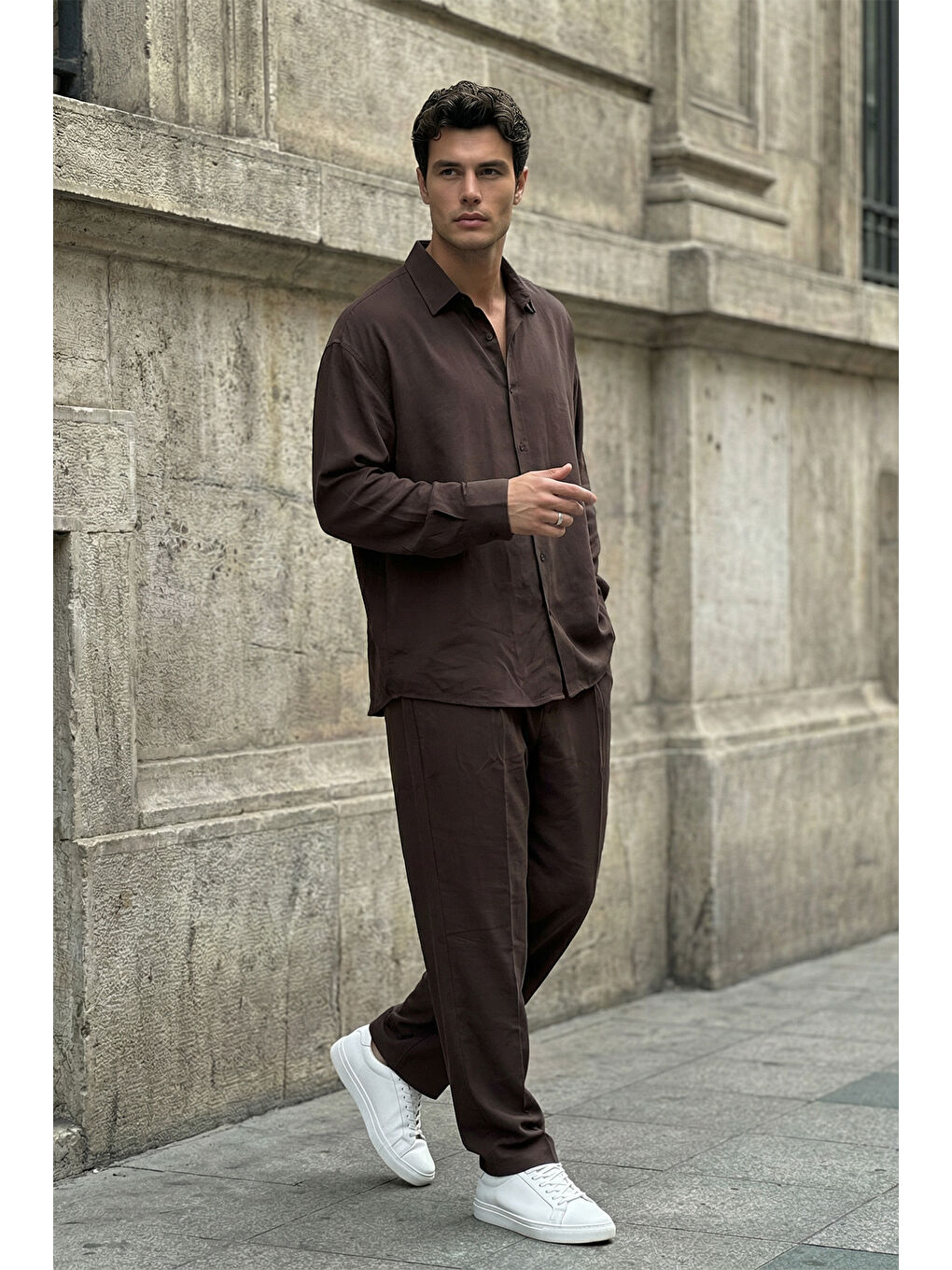 Kahverengi Noda %100 Pamuk Oversize Erkek Modal İkili Takım Gömlek Pantolon-2