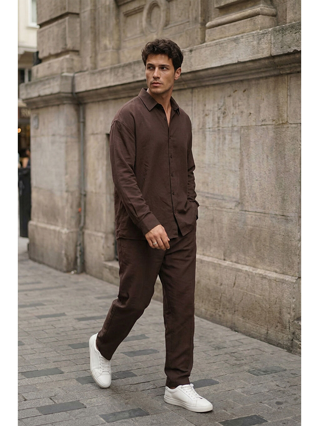 Kahverengi Noda %100 Pamuk Oversize Erkek Modal İkili Takım Gömlek Pantolon-3