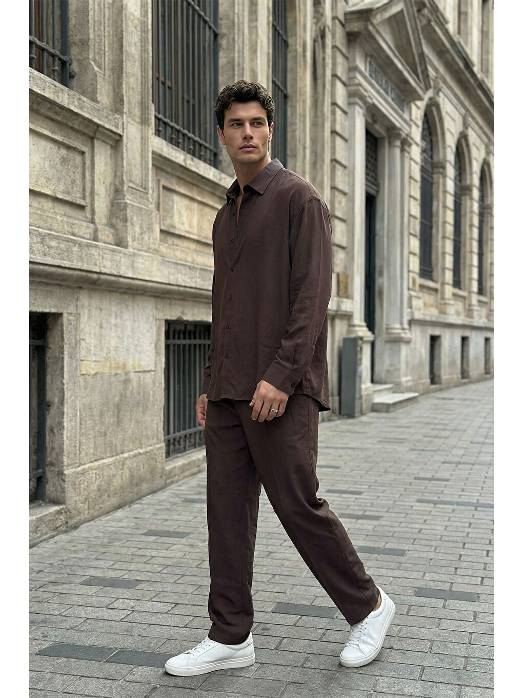 Kahverengi Noda %100 Pamuk Oversize Erkek Modal İkili Takım Gömlek Pantolon-4
