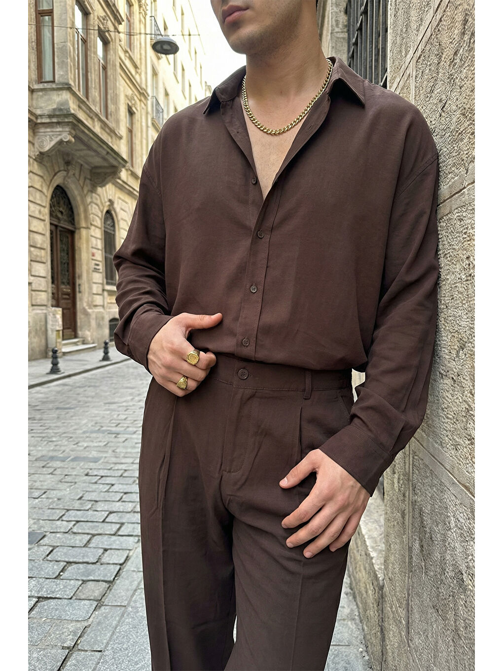 Kahverengi Noda %100 Pamuk Oversize Erkek Modal İkili Takım Gömlek Pantolon-5