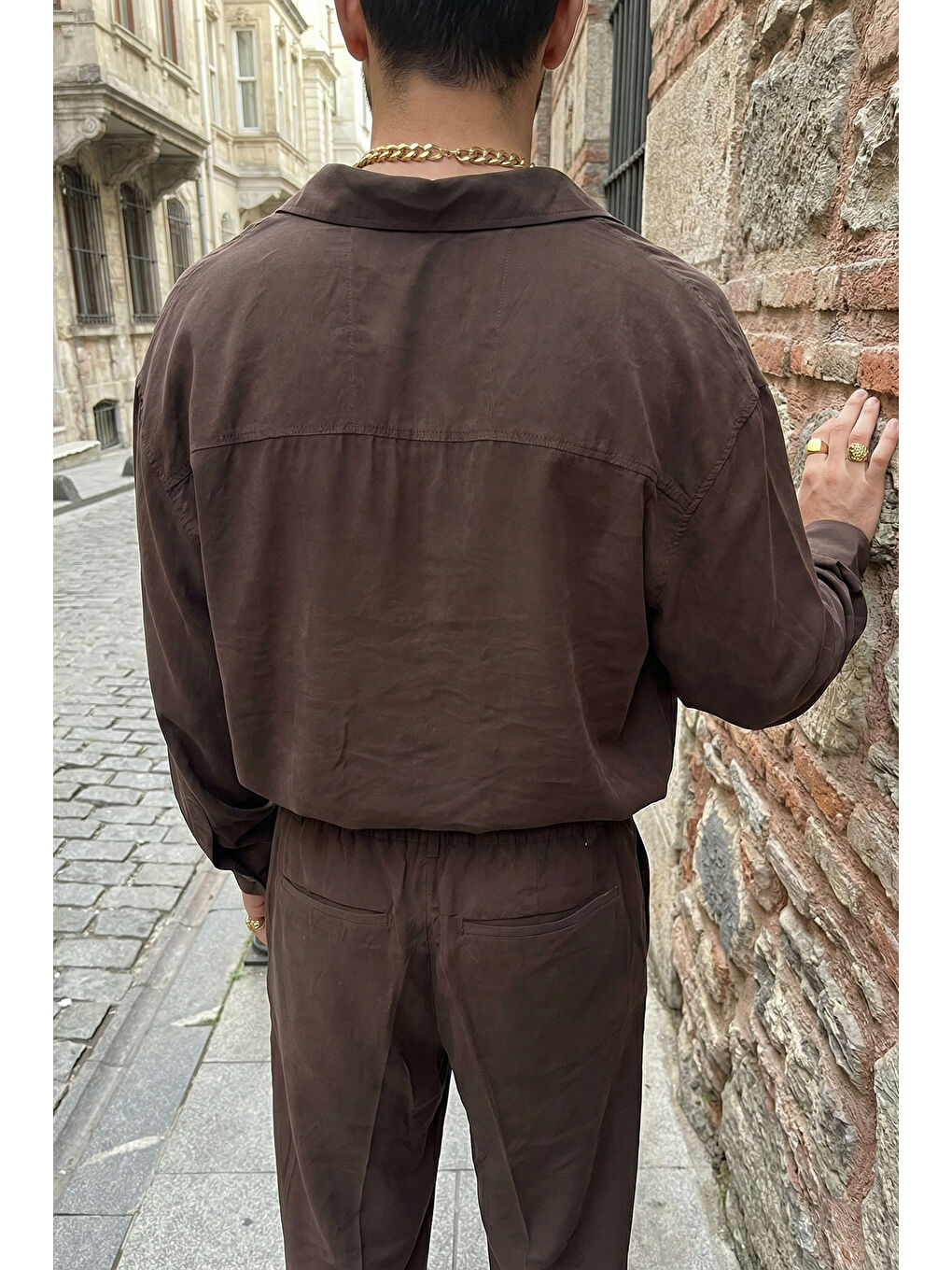 Kahverengi Noda %100 Pamuk Oversize Erkek Modal İkili Takım Gömlek Pantolon-6
