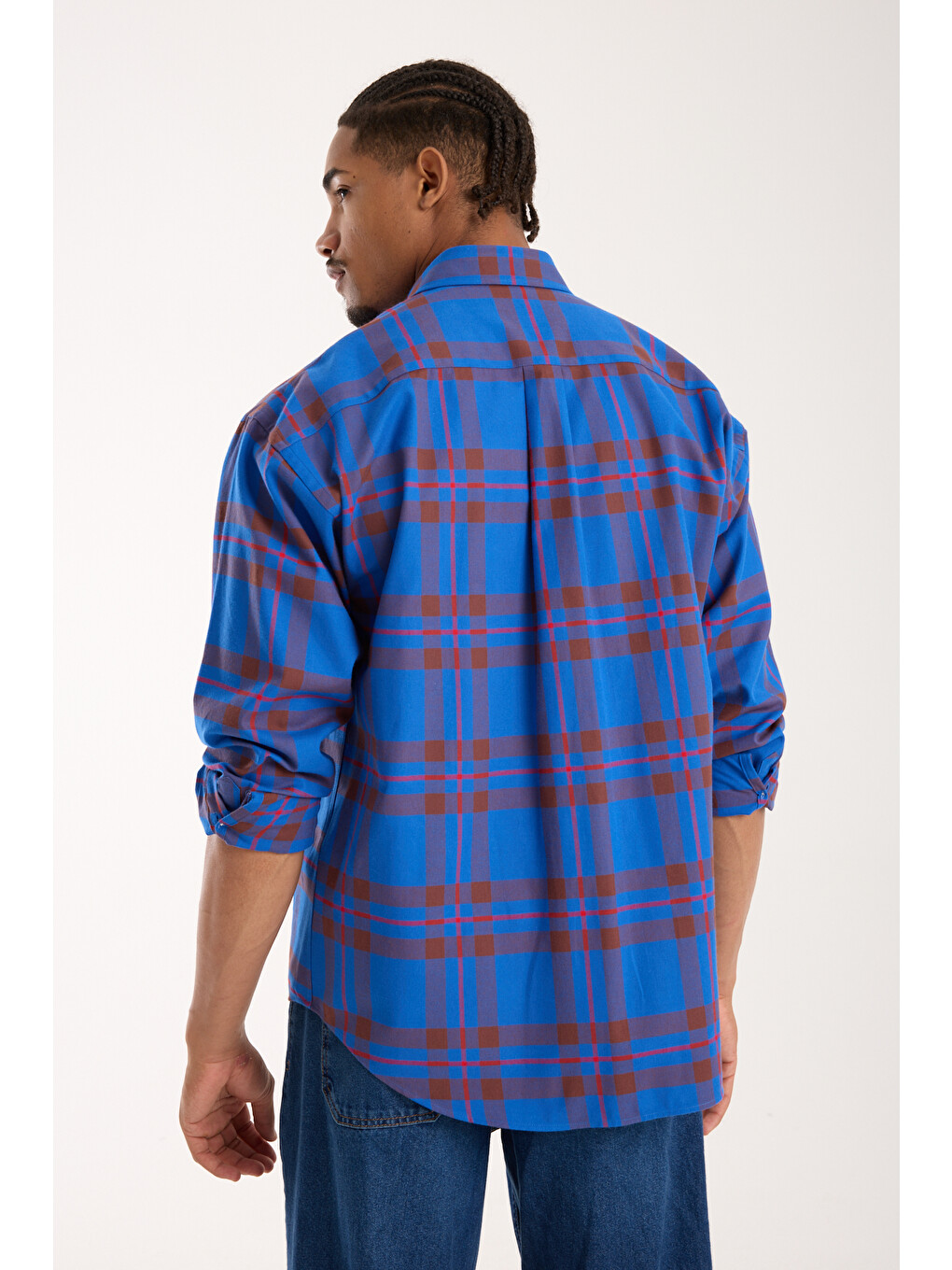 Rio Twill Pamuklu Oversize Fit Lacivert Klasik Yaka Erkek Ekoseli Gömlek-3