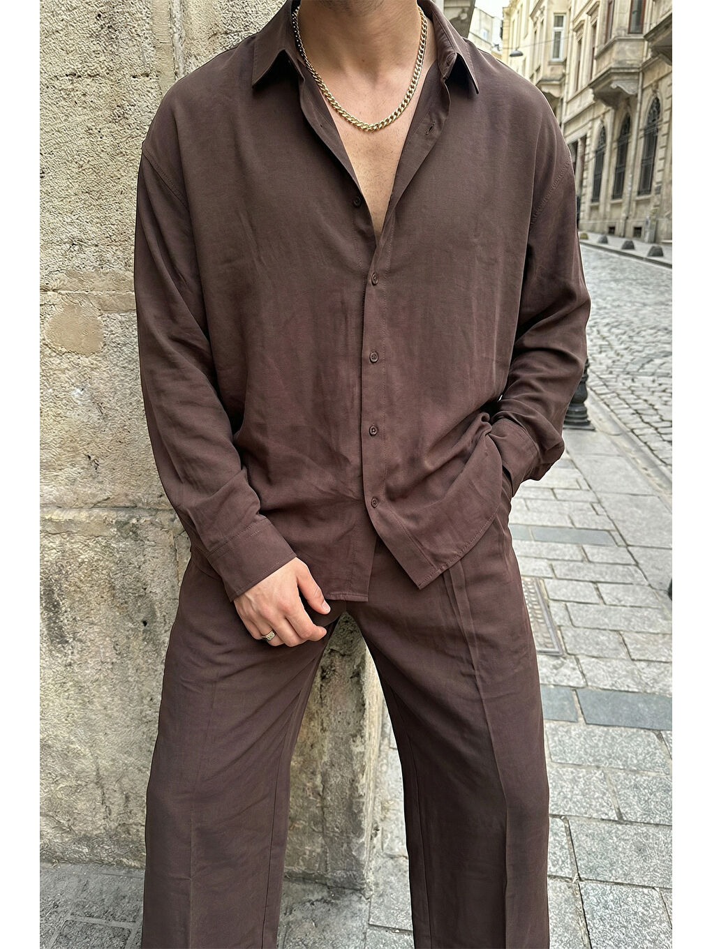 Kahverengi Noda %100 Pamuk Oversize Erkek Modal İkili Takım Gömlek Pantolon-7