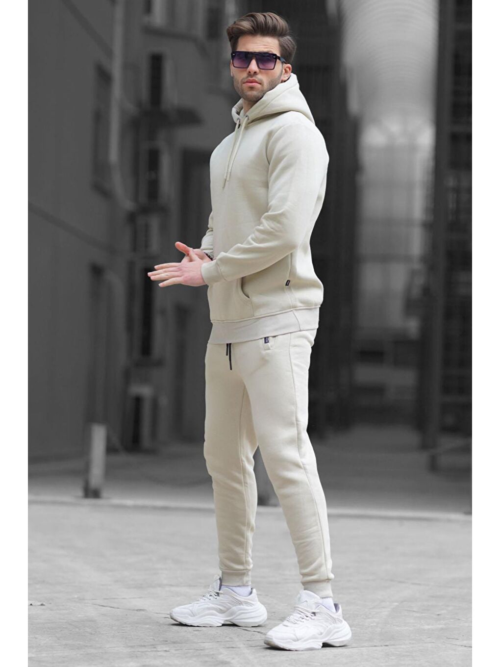 Açık Bej Kapüşonlu Basic Eşofman Takımı 5905-1