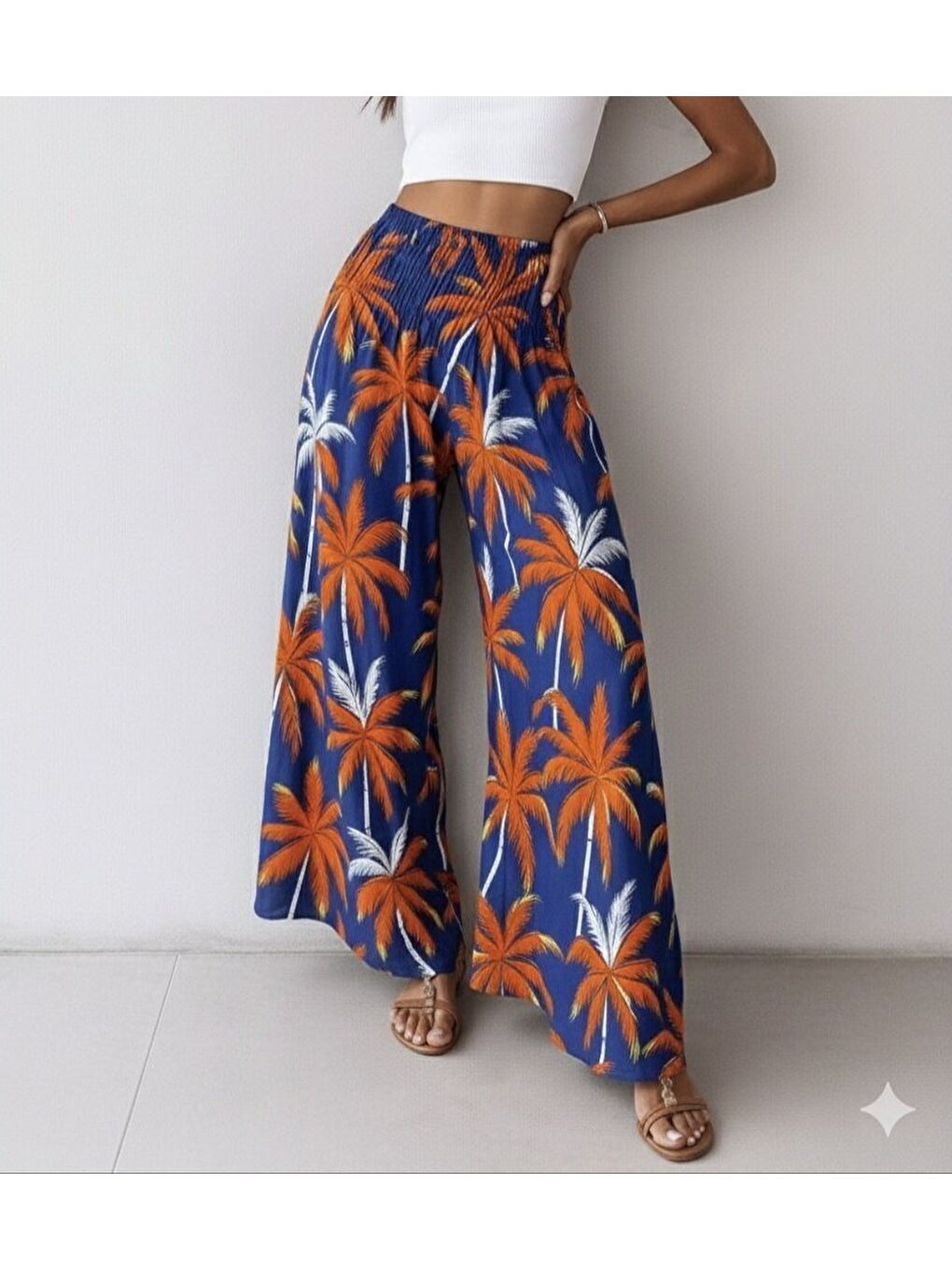 Mavi Kadın Yüksek Bel Lastikli Desenli Süprem Pantolon