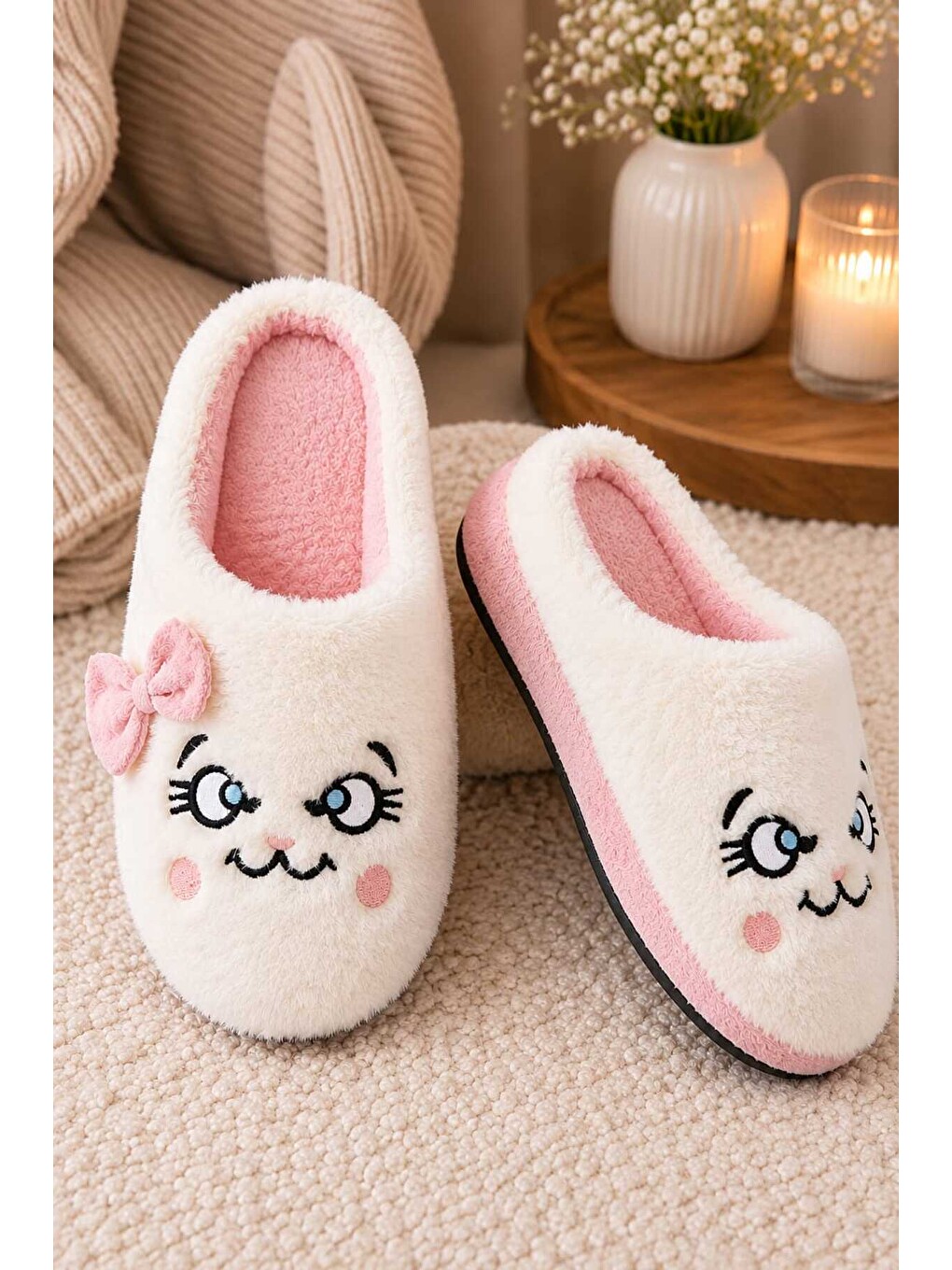 Pembe Kadın, Fiyonklu, Sevimli Kedi Figürlü, Yumuşak Pelüş Ev Terliği-2