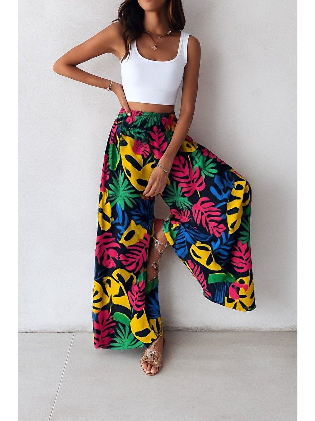 Pembe Kadın Yüksek Bel Lastikli Desenli Süprem Pantolon-1