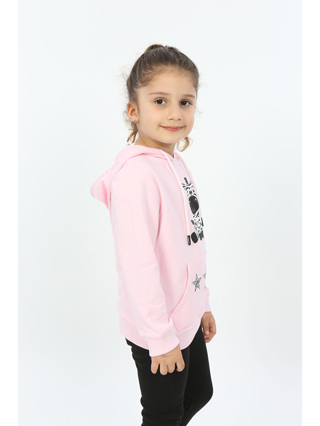 Toontoykids Pembe Kız Çocuk Yıldızlı Zebra Baskılı Kapüşonlu Sweatshirt - 1