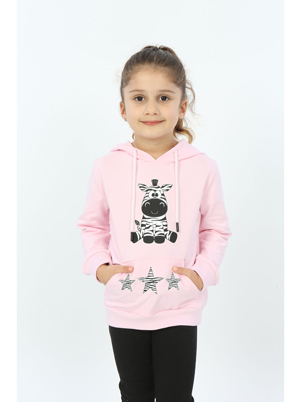 Toontoykids Pembe Kız Çocuk Yıldızlı Zebra Baskılı Kapüşonlu Sweatshirt - 3