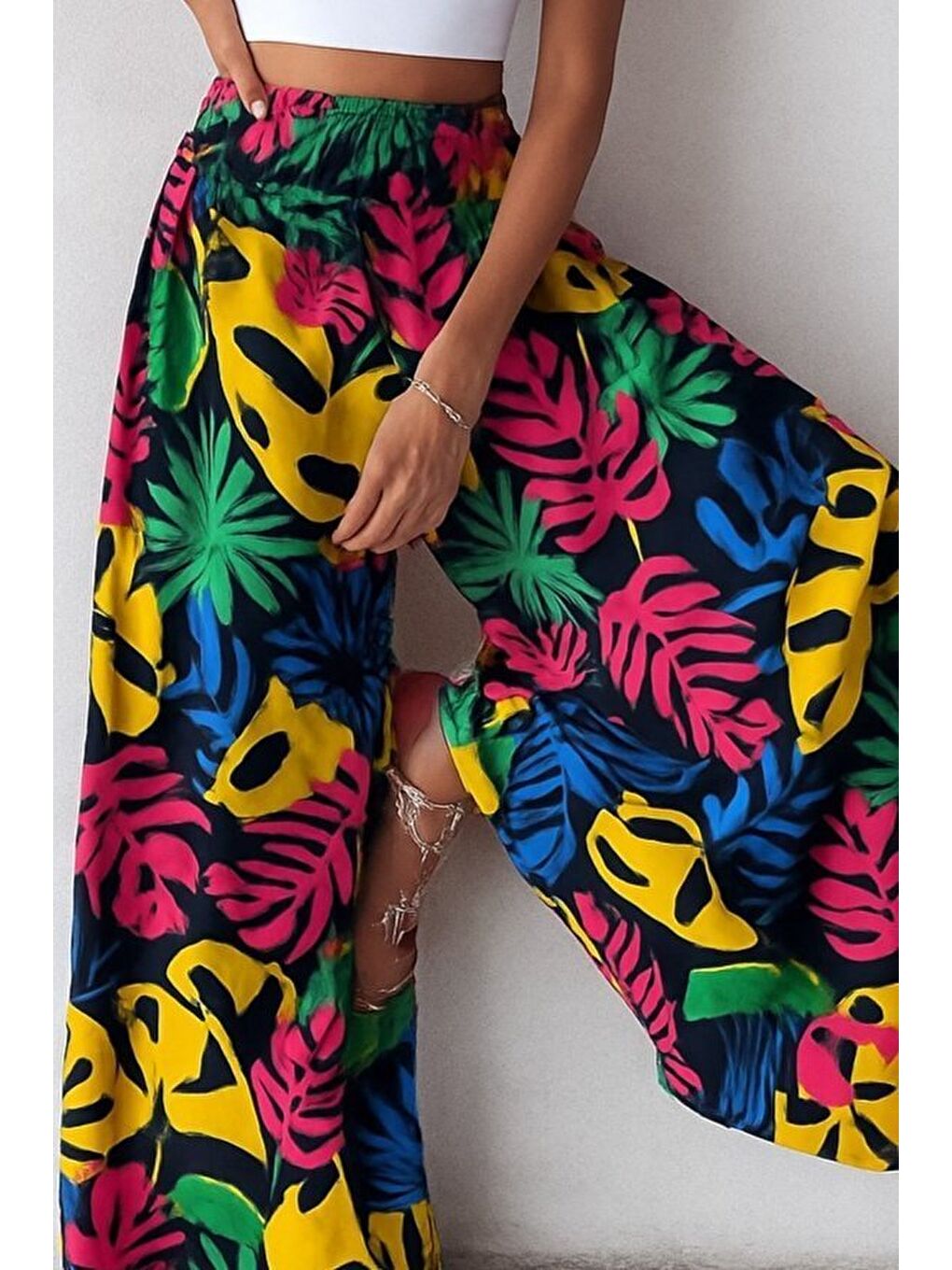 Pembe Kadın Yüksek Bel Lastikli Desenli Süprem Pantolon-2