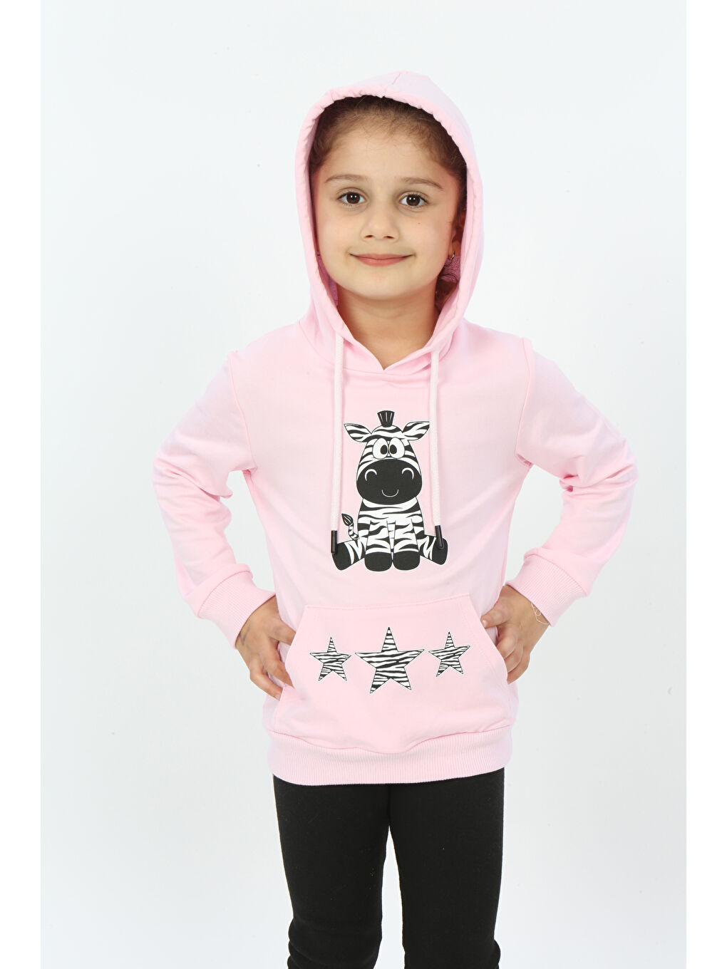 Toontoykids Pembe Kız Çocuk Yıldızlı Zebra Baskılı Kapüşonlu Sweatshirt - 4