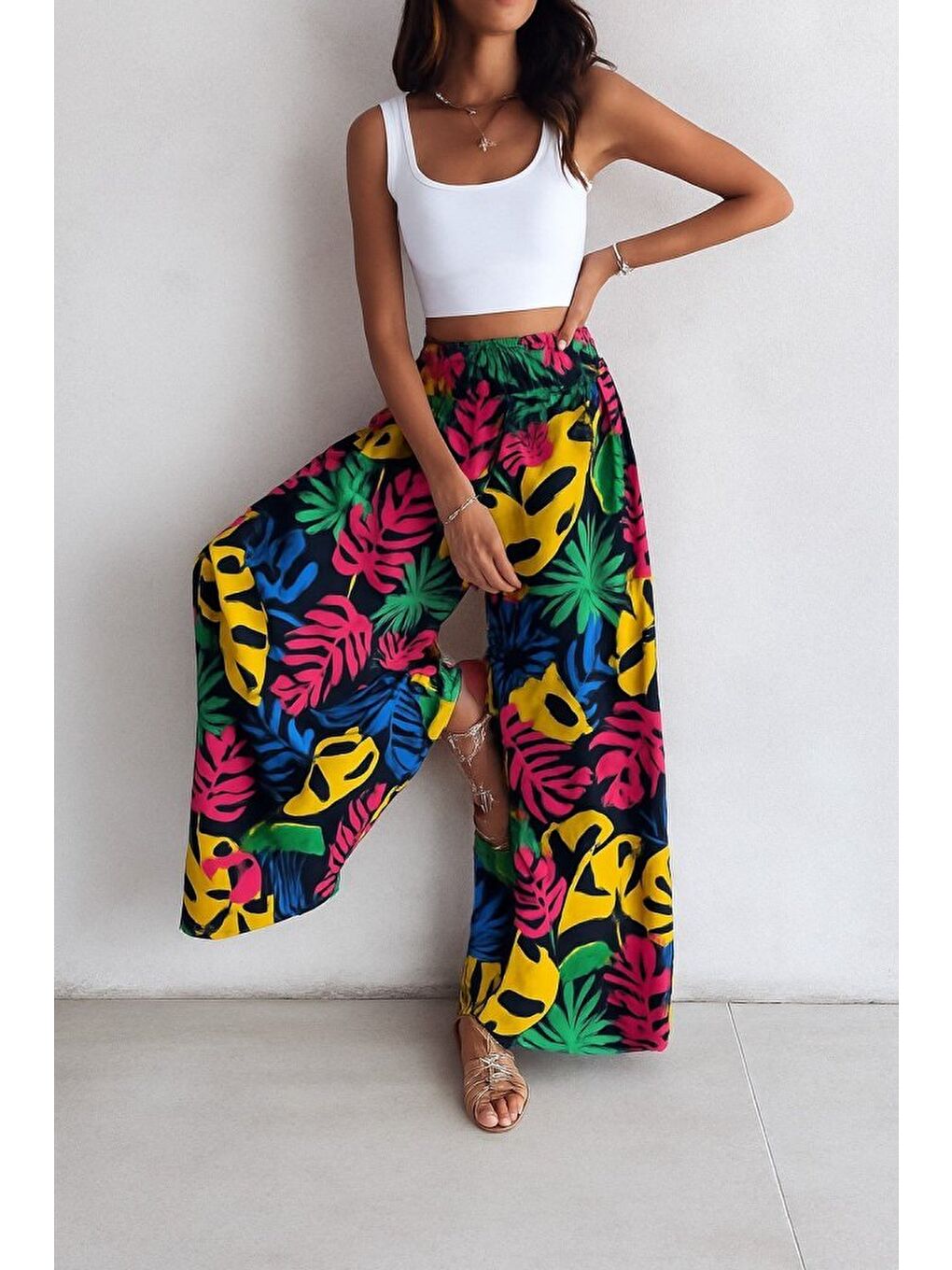 Pembe Kadın Yüksek Bel Lastikli Desenli Süprem Pantolon-3