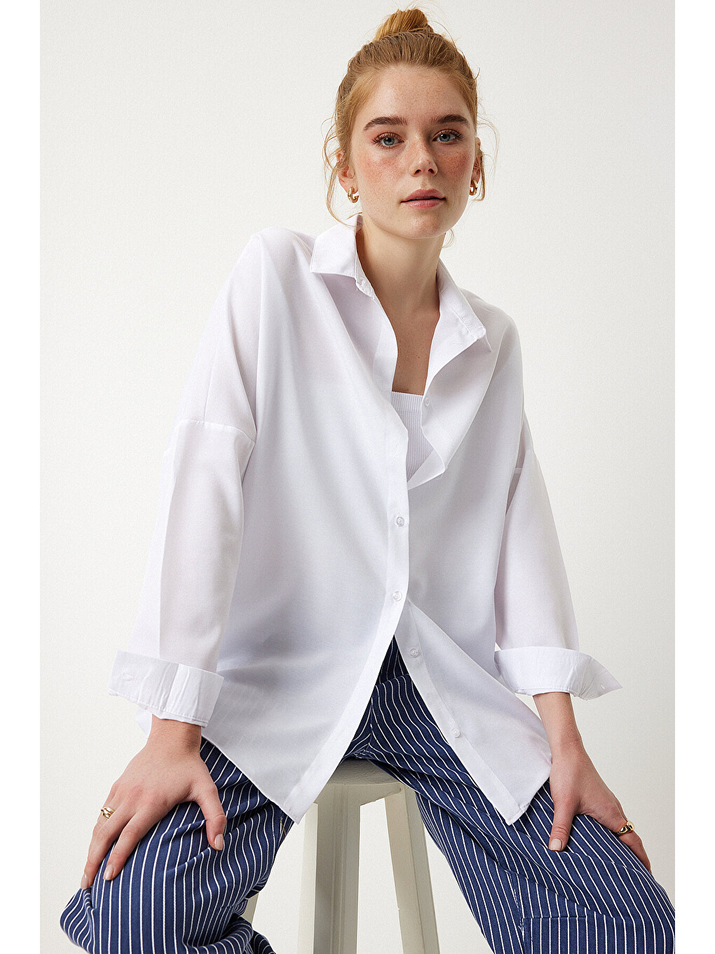 Beyaz Oversize Basic Gömlek BEYAZ LDD0003