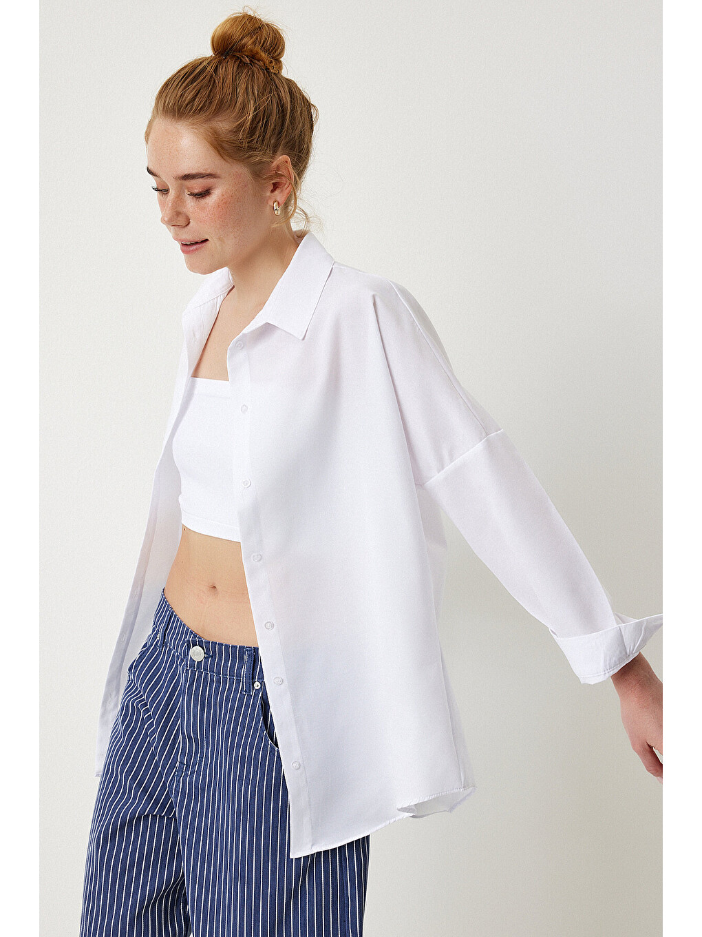 Beyaz Oversize Basic Gömlek BEYAZ LDD0003-1