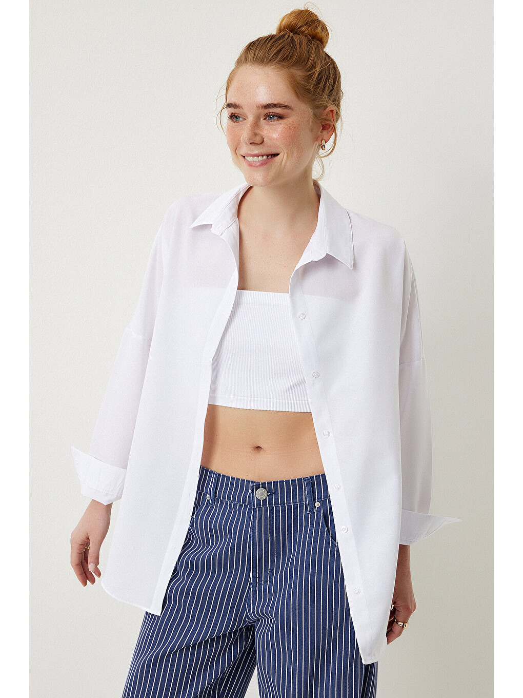 Beyaz Oversize Basic Gömlek BEYAZ LDD0003-2