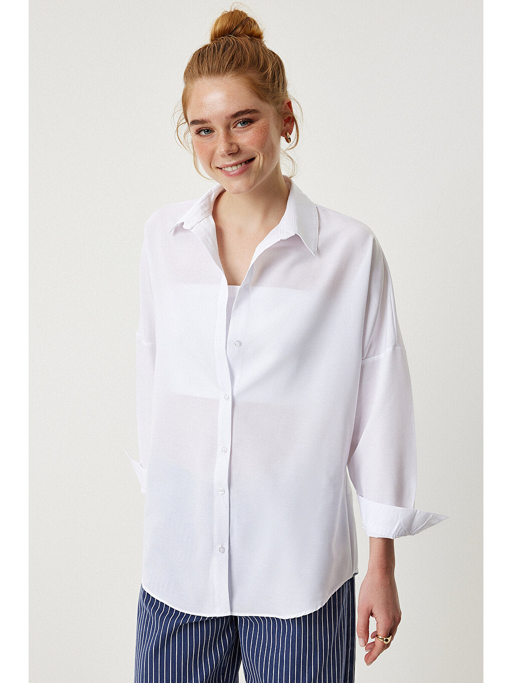 Beyaz Oversize Basic Gömlek BEYAZ LDD0003-4