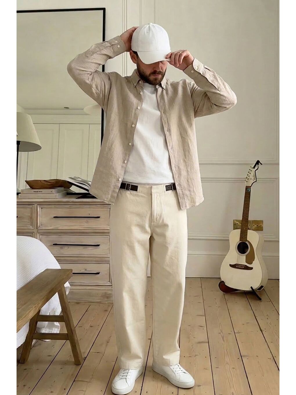 Erkek Baggy Fit Tokalı Kemer Detaylı Keten Pantolon Bej-2