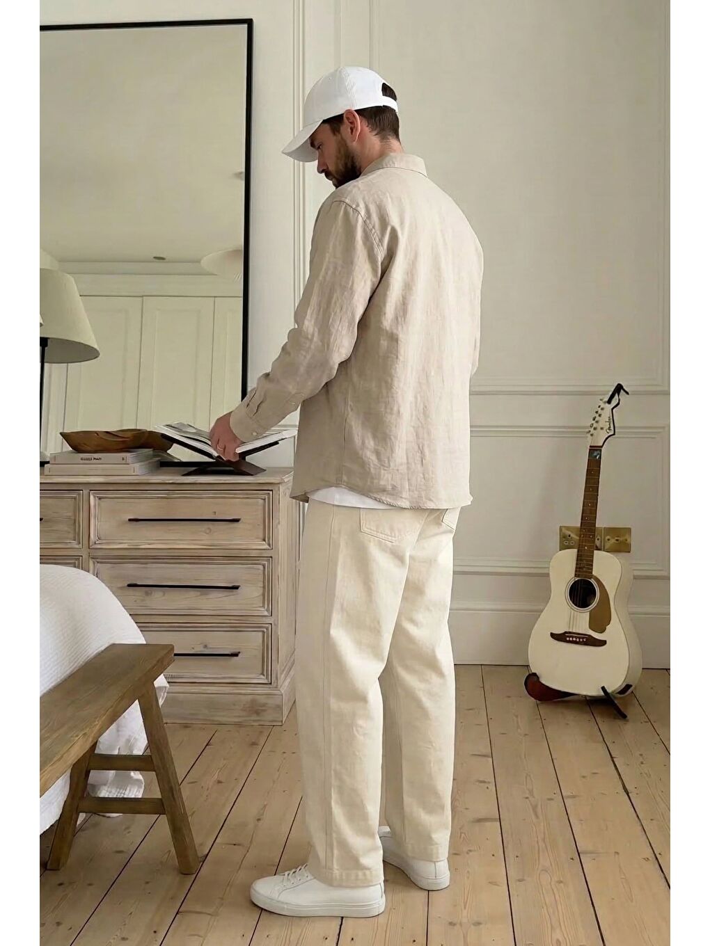 Erkek Baggy Fit Tokalı Kemer Detaylı Keten Pantolon Bej-3