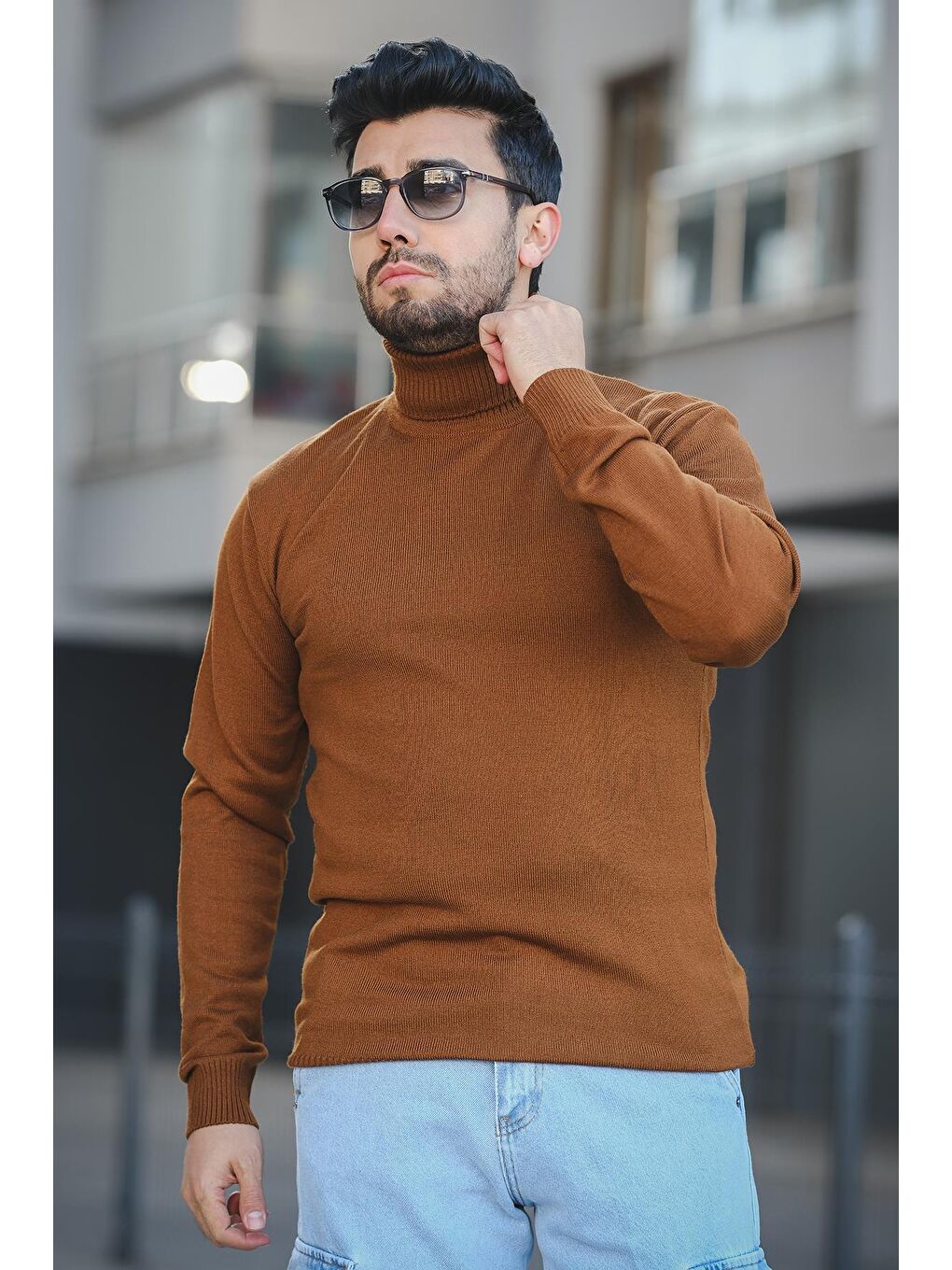 Kahverengi Pamuk Slim Fit Erkek Tam Balıkçı Boğazlı Kazak-1